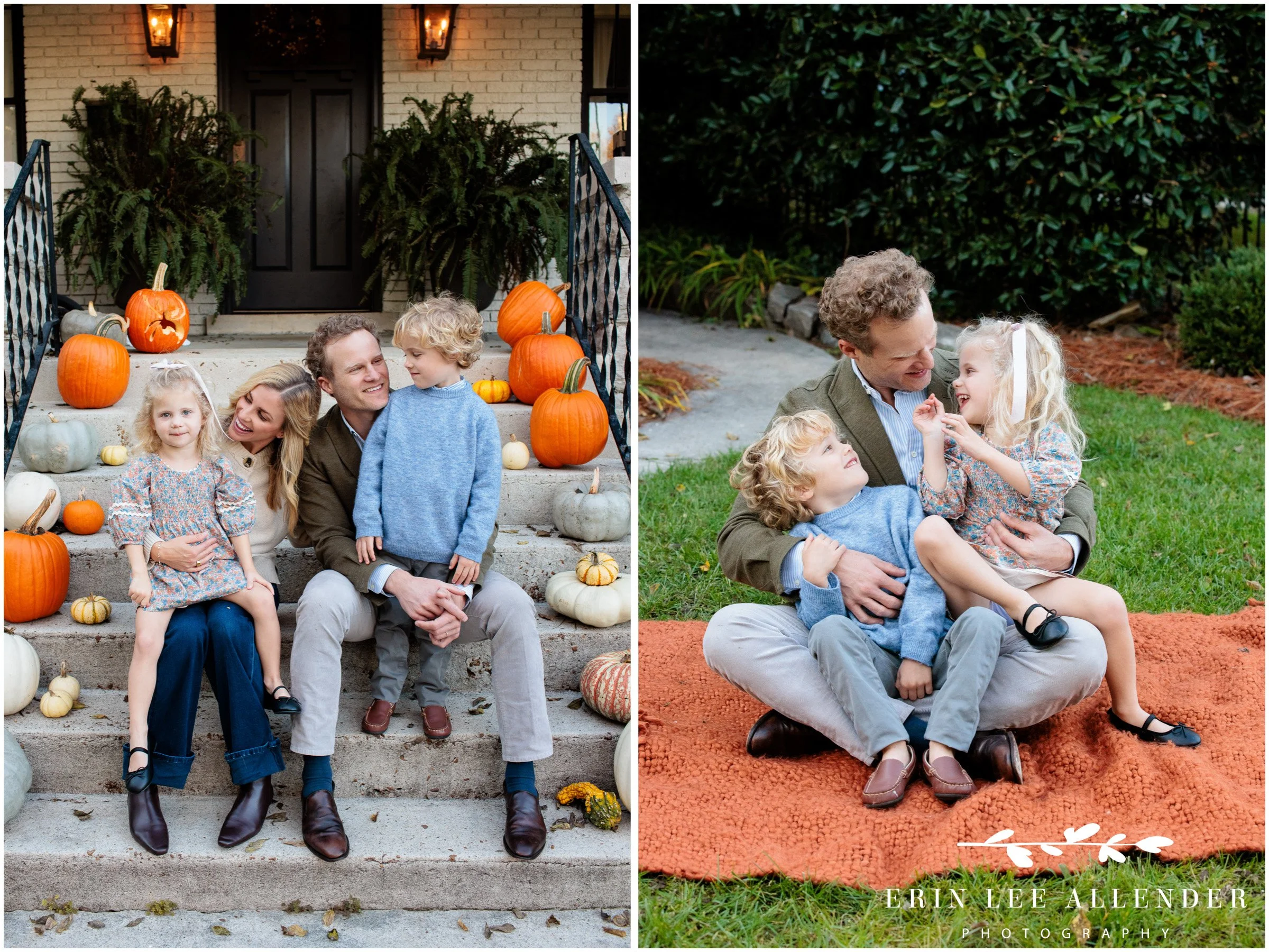Nashville family photography — family portrait on their front steps surrounded by fall pumpkins