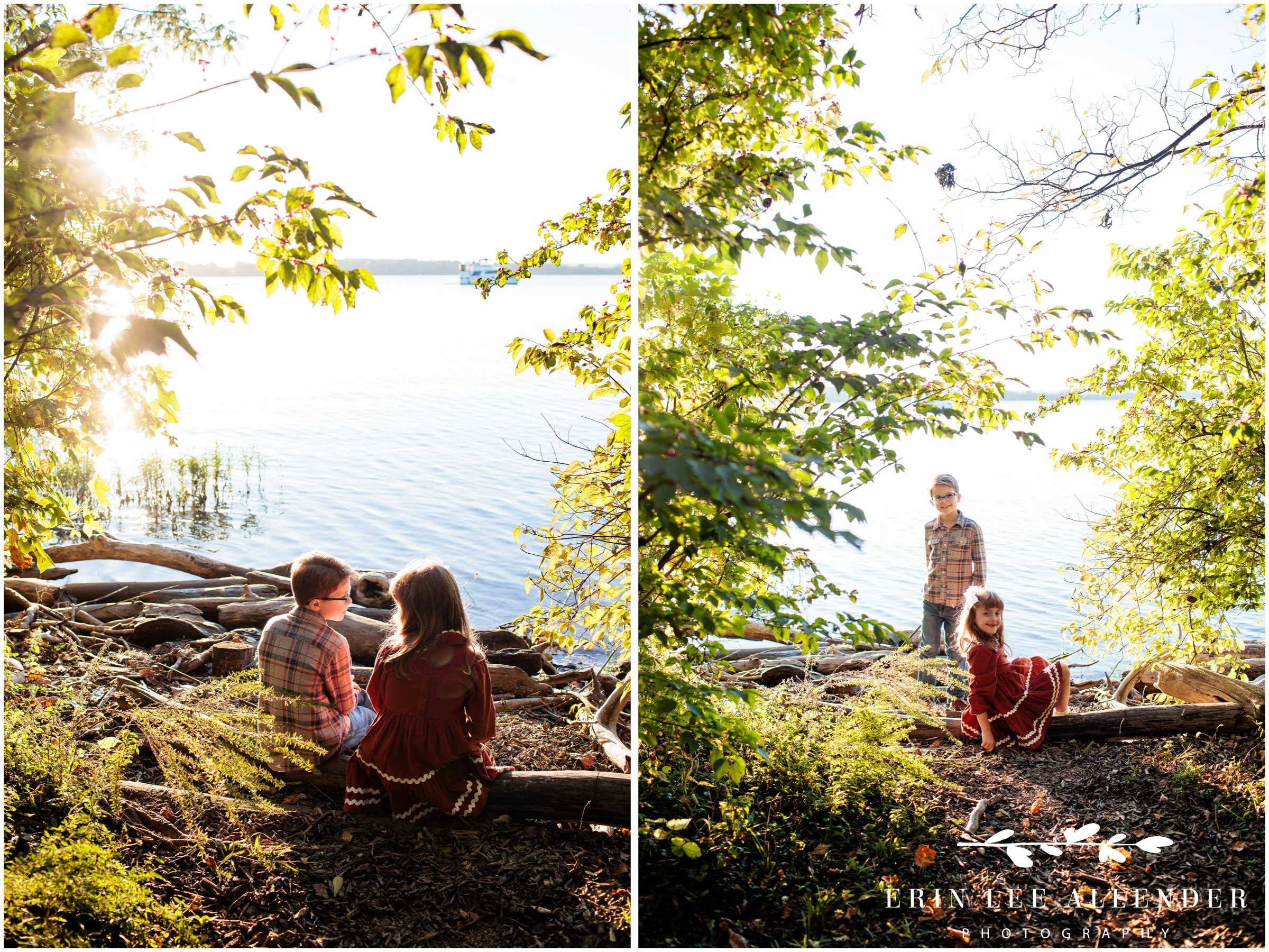 Nashville fall family session — brother and sister sitting together at the edge of the lake at Walton Ferry Arboretum