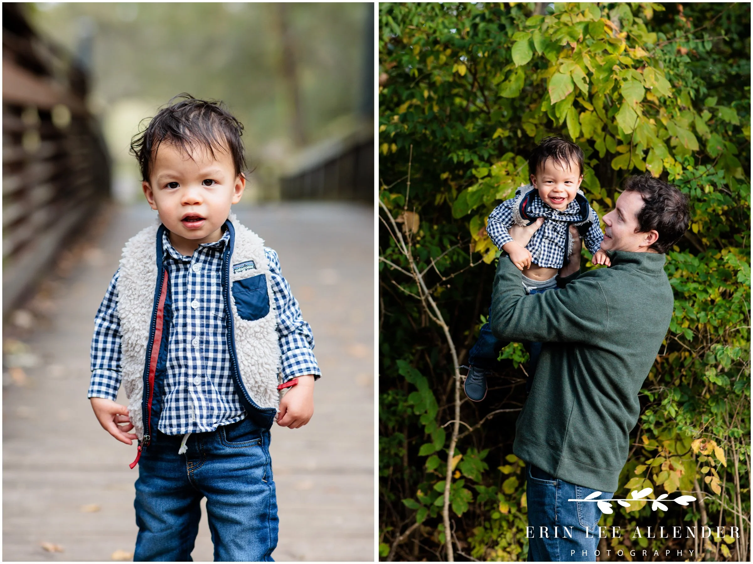 Nashville family photography — one-year-old boy out front of his mom and dad on a bridge along the Richland Creek Greenway