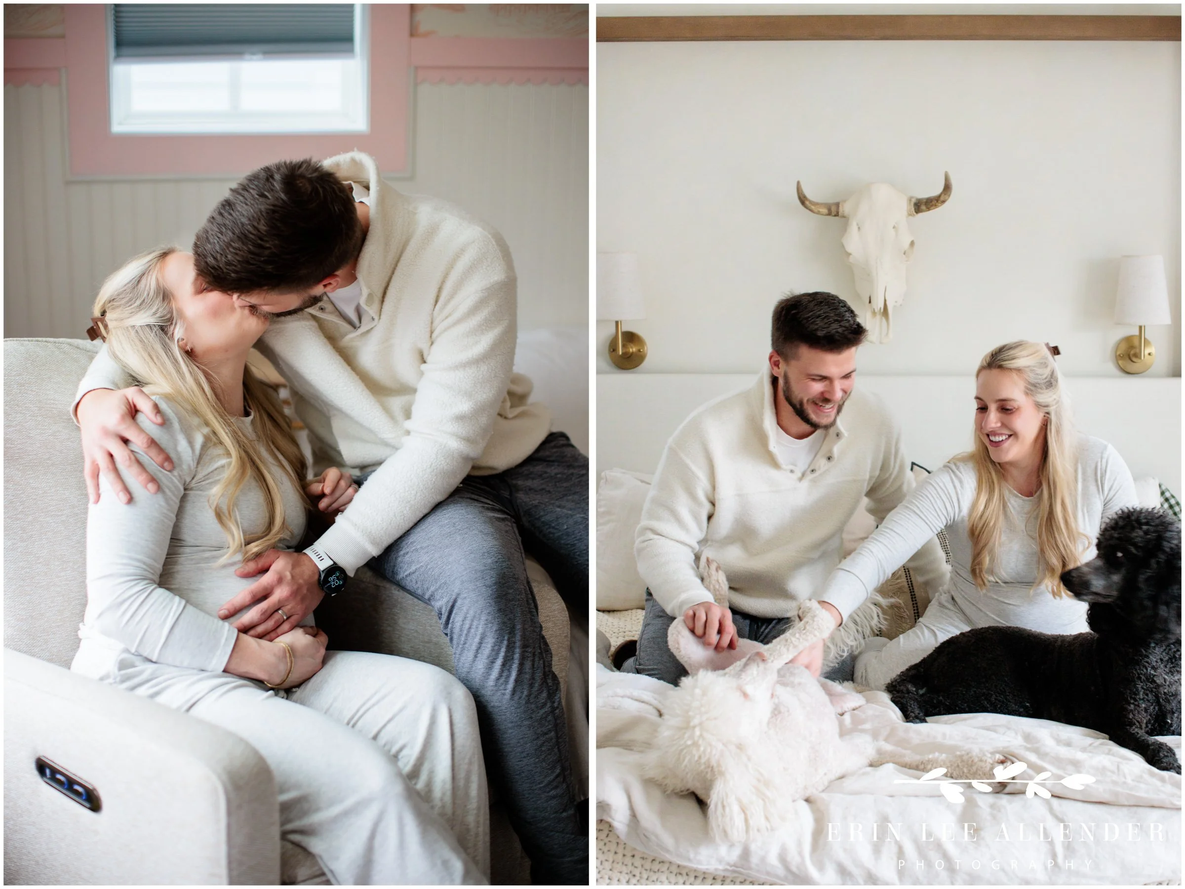 Couple by a bedroom window with natural light for lifestyle maternity photography