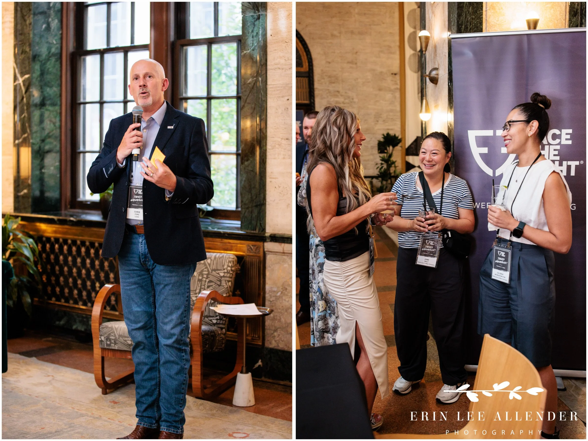 Nashville corporate event photography — Chris Ford of USAA speaking to guests at Face the Fight's opening night at Noelle