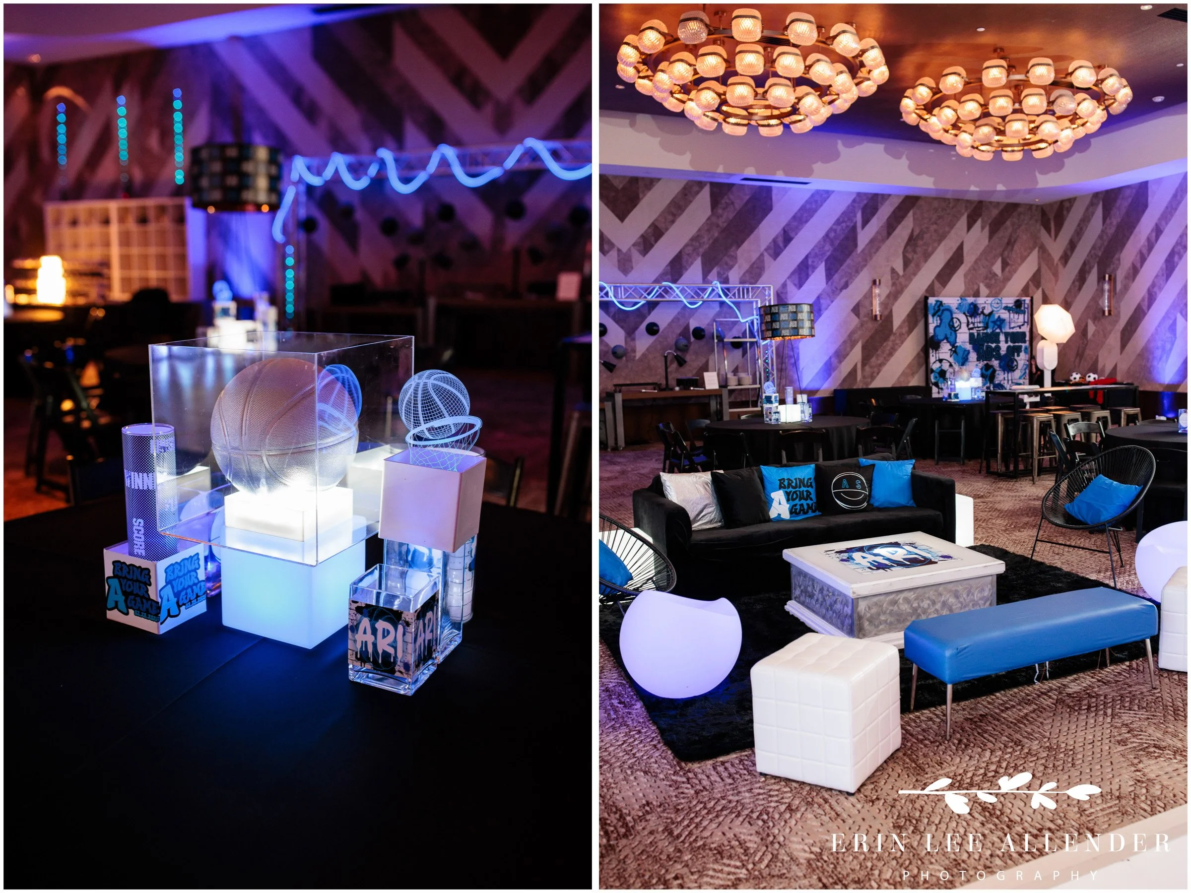 Lounge area with sports-themed décor at W Nashville bar mitzvah reception
