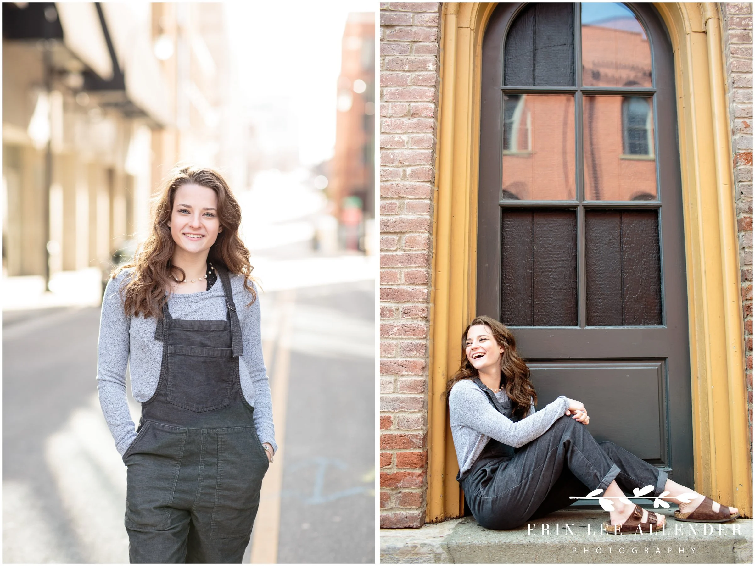 Nashville senior portrait — senior sitting in a historic doorway in downtown Nashville, natural light, classic portrait photography
