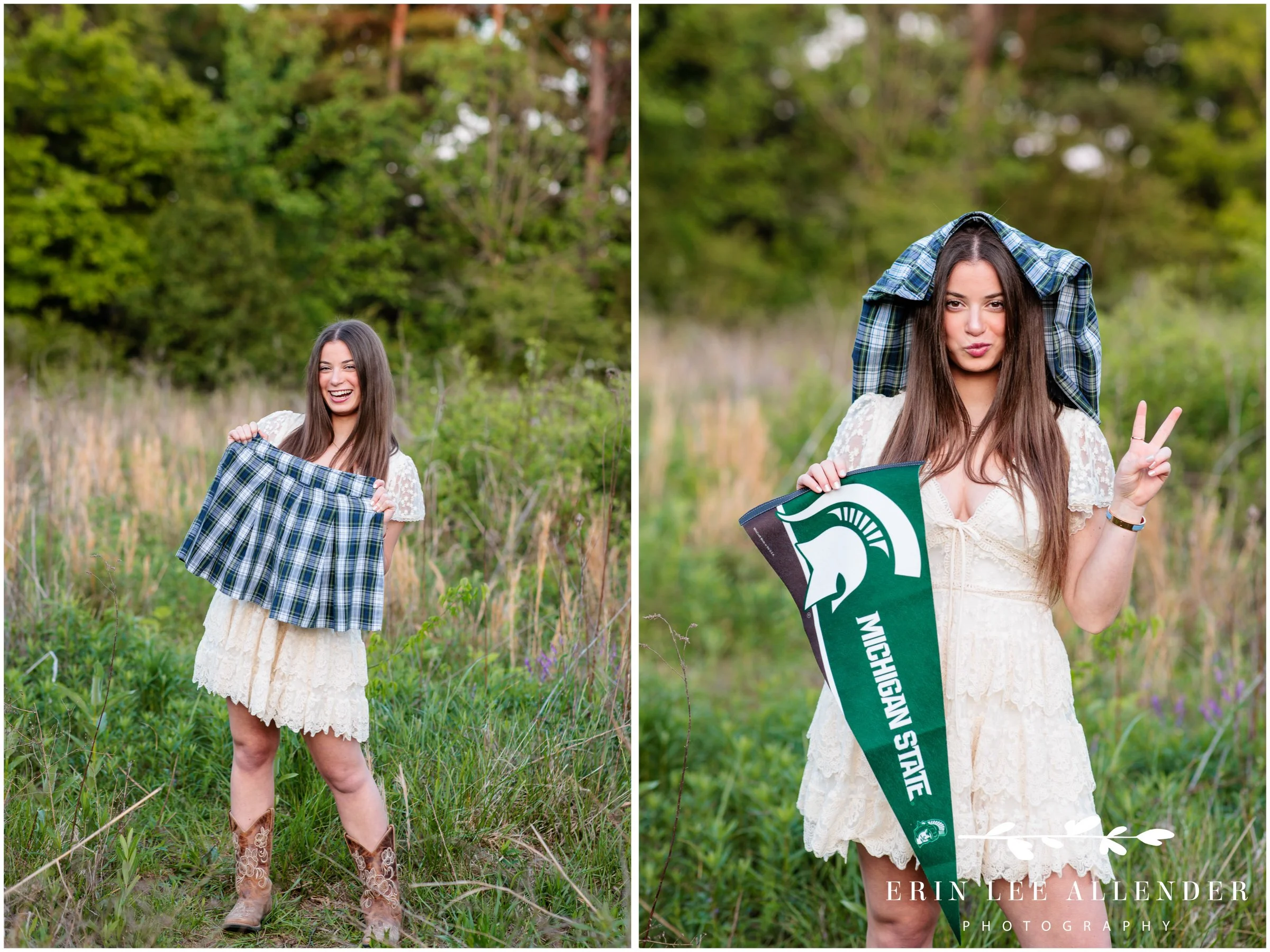 Nashville senior session — high school senior holding college pennant in a field, senior portrait ideas with props