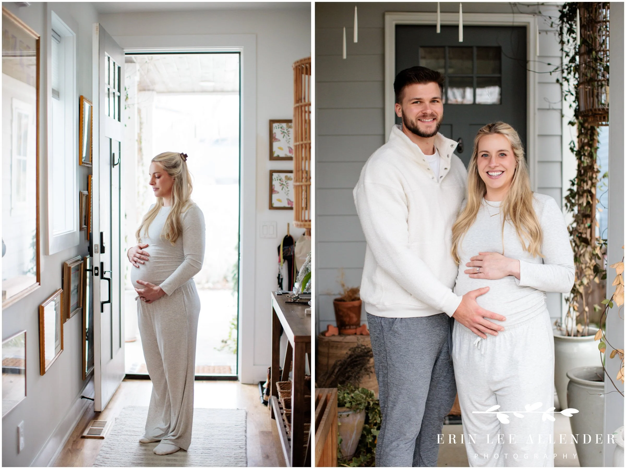 Couple on the front stoop during in-home maternity photography
