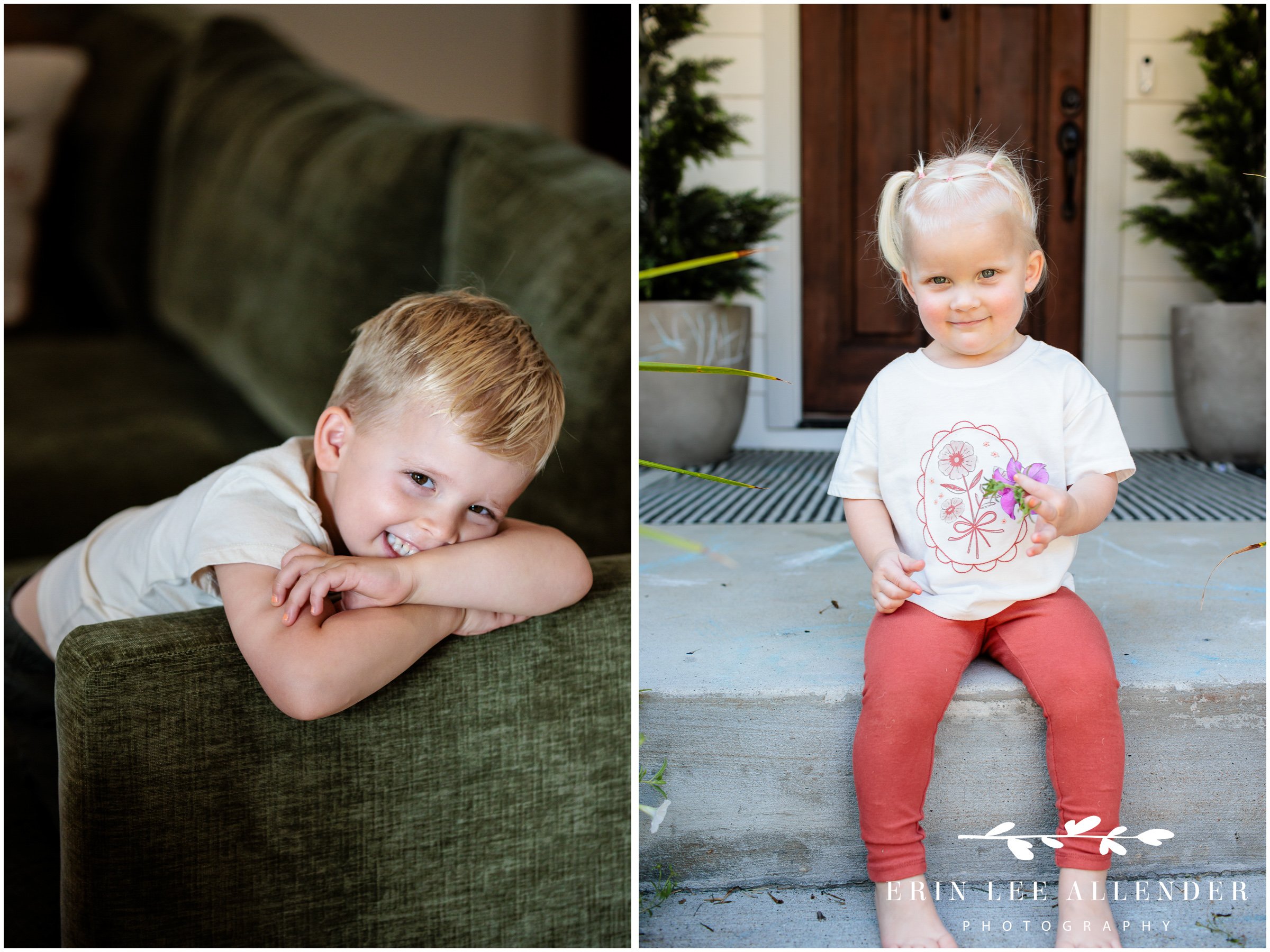 boy sitting on green couch during in-home family session in Nashville