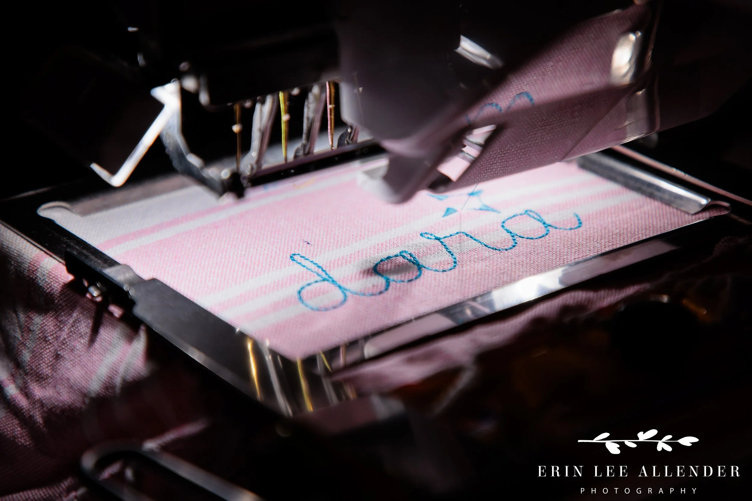 Nashville mitzvah photography — beach towel being embroidered by The Tilly Goose at Loveless Barn