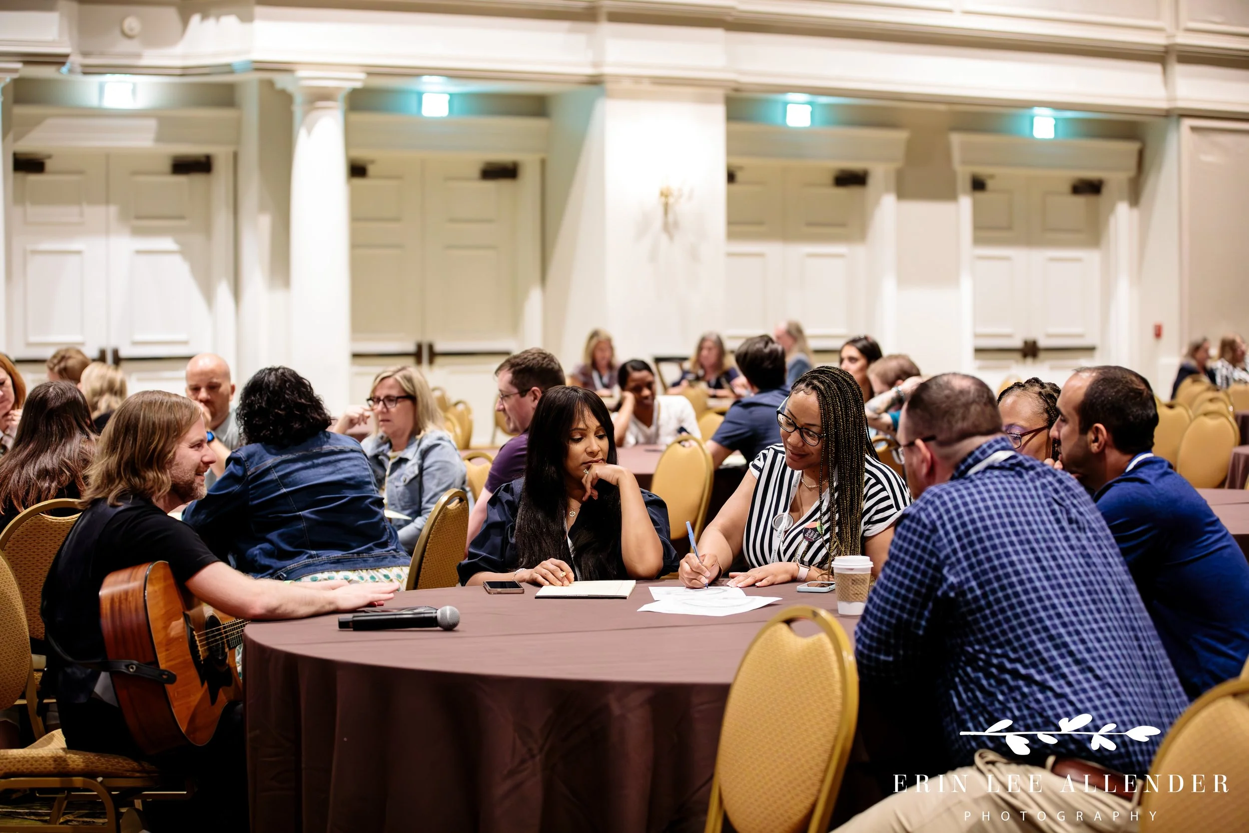 Nashville corporate event photographer — conference attendees at round tables engaged in breakout session discussion, Forrester CX Conference at Opryland Hotel