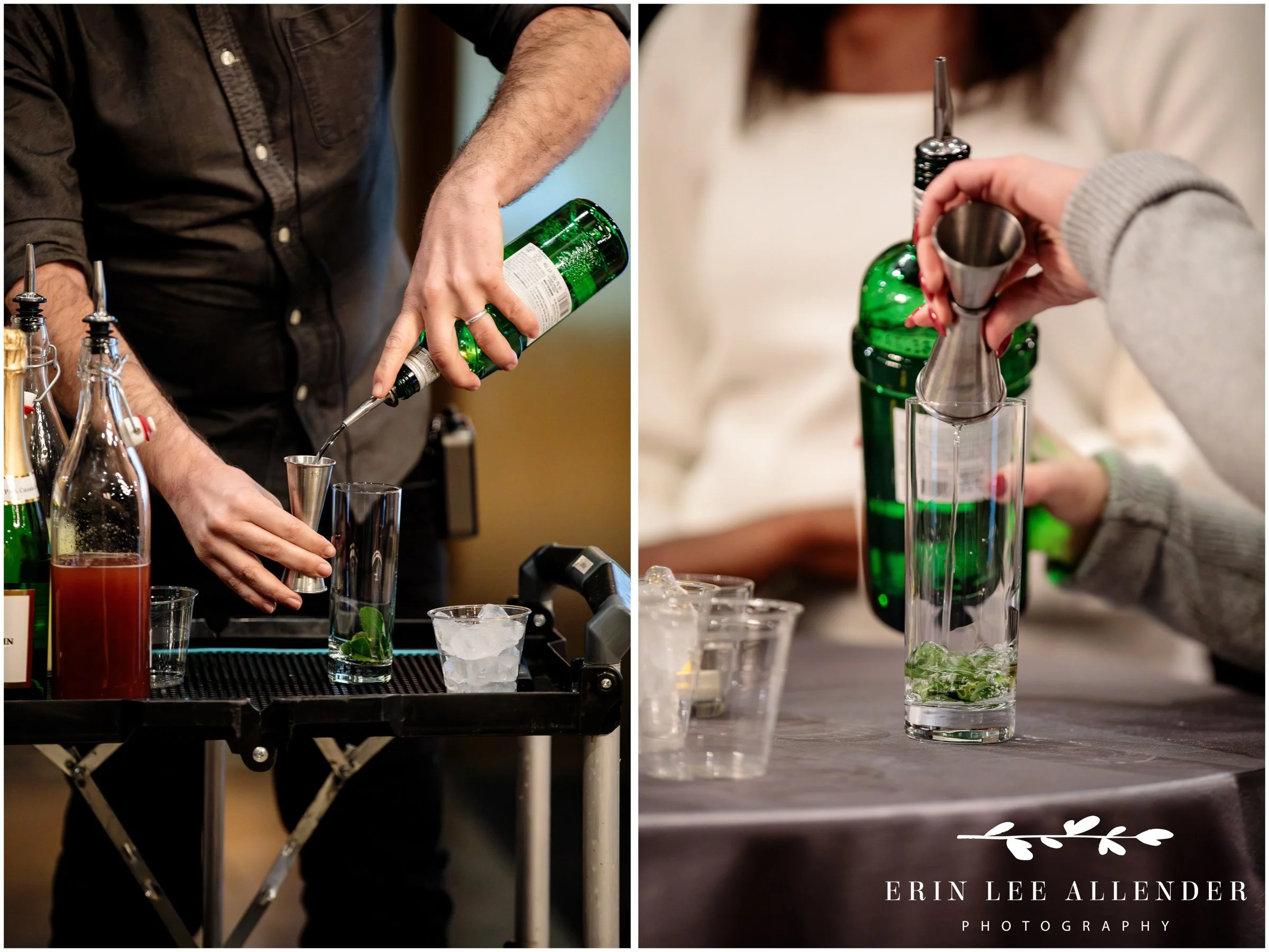 Close-up of cocktail preparation during mixology workshop led by J Jackson Mobile Mixologist at Nashville Reserve wedding planners retreat in Nashville