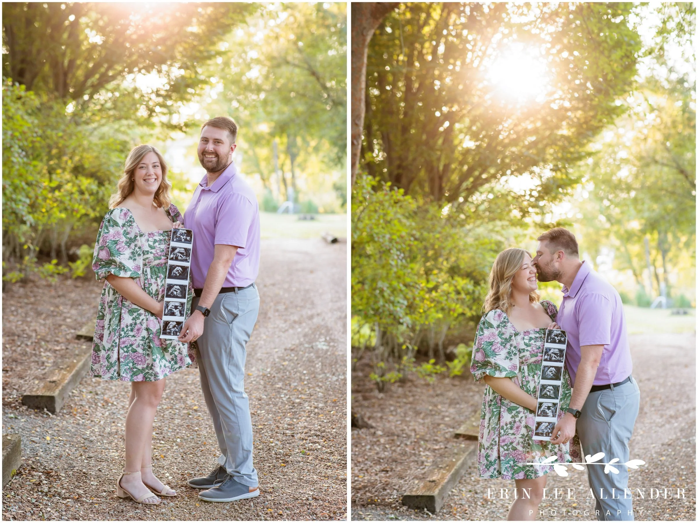 Expecting couple holding ultrasound photo together during maternity session at Long Hollow Gardens, photographed by Nashville family photographer Erin Lee Allender