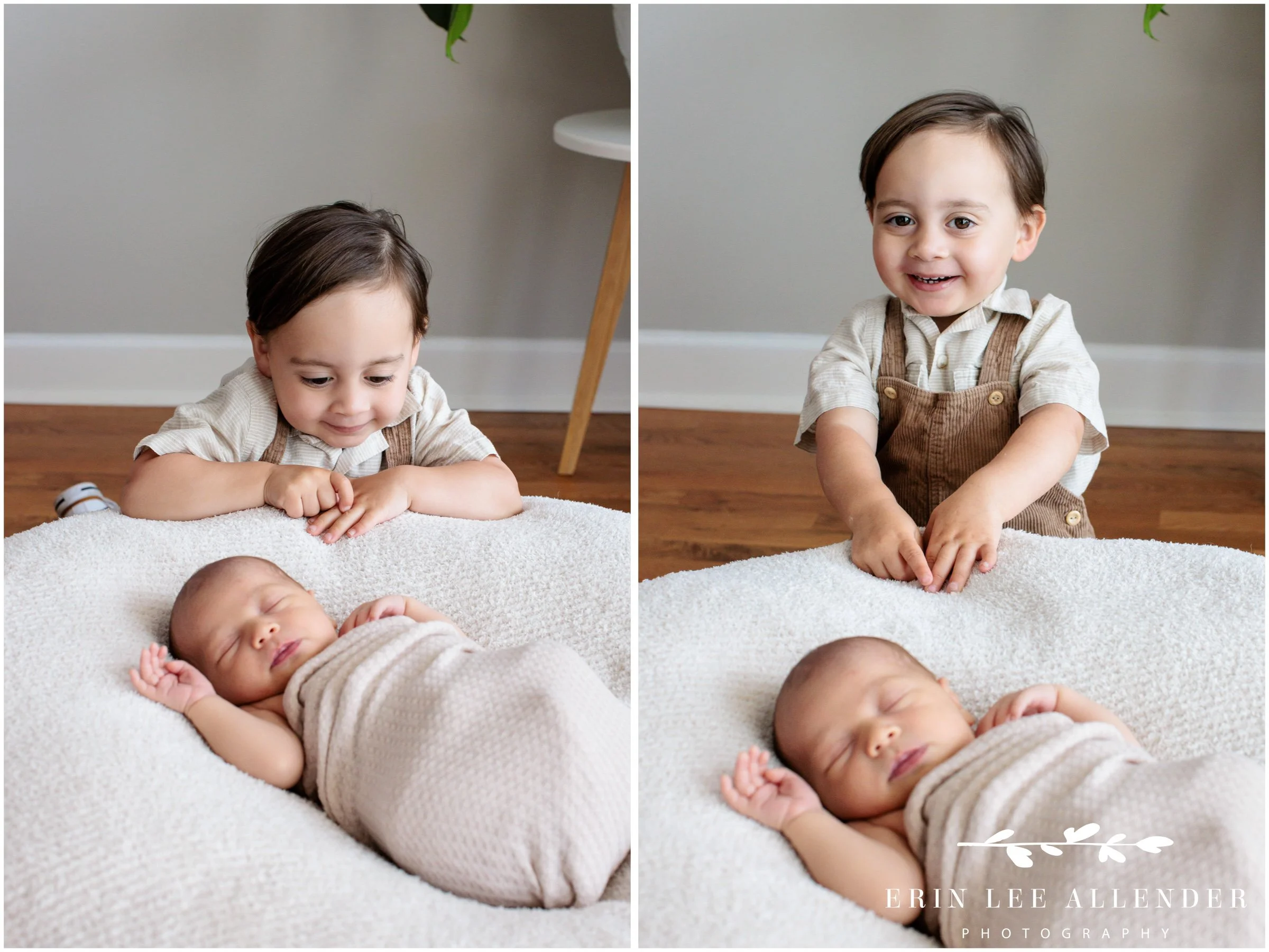 Nashville family photographer — curious two-year-old big brother leaning in to look at his newborn baby sister
