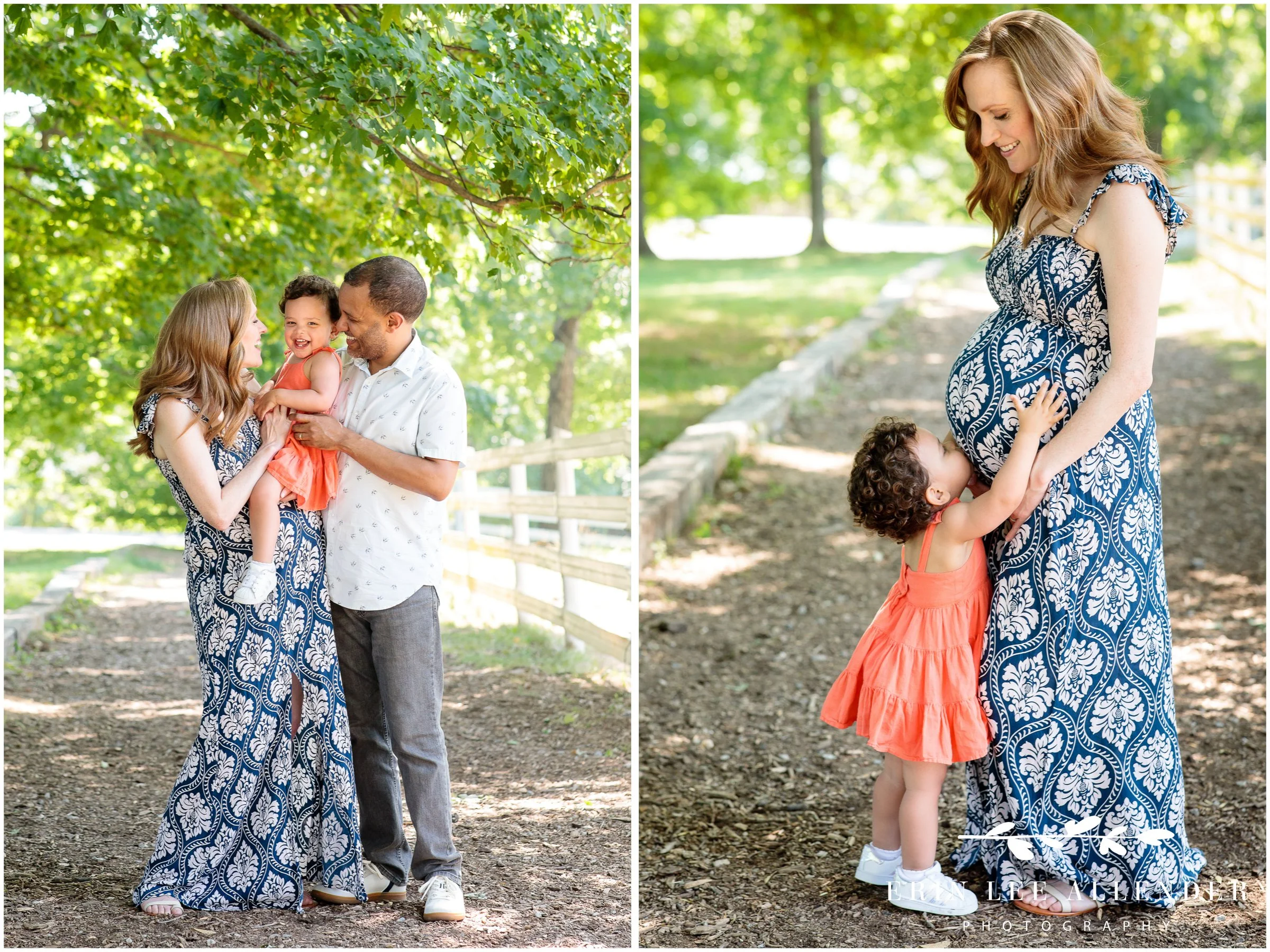 Nashville maternity photographer — toddler girl kissing her pregnant mother at Ellington Agricultural Center