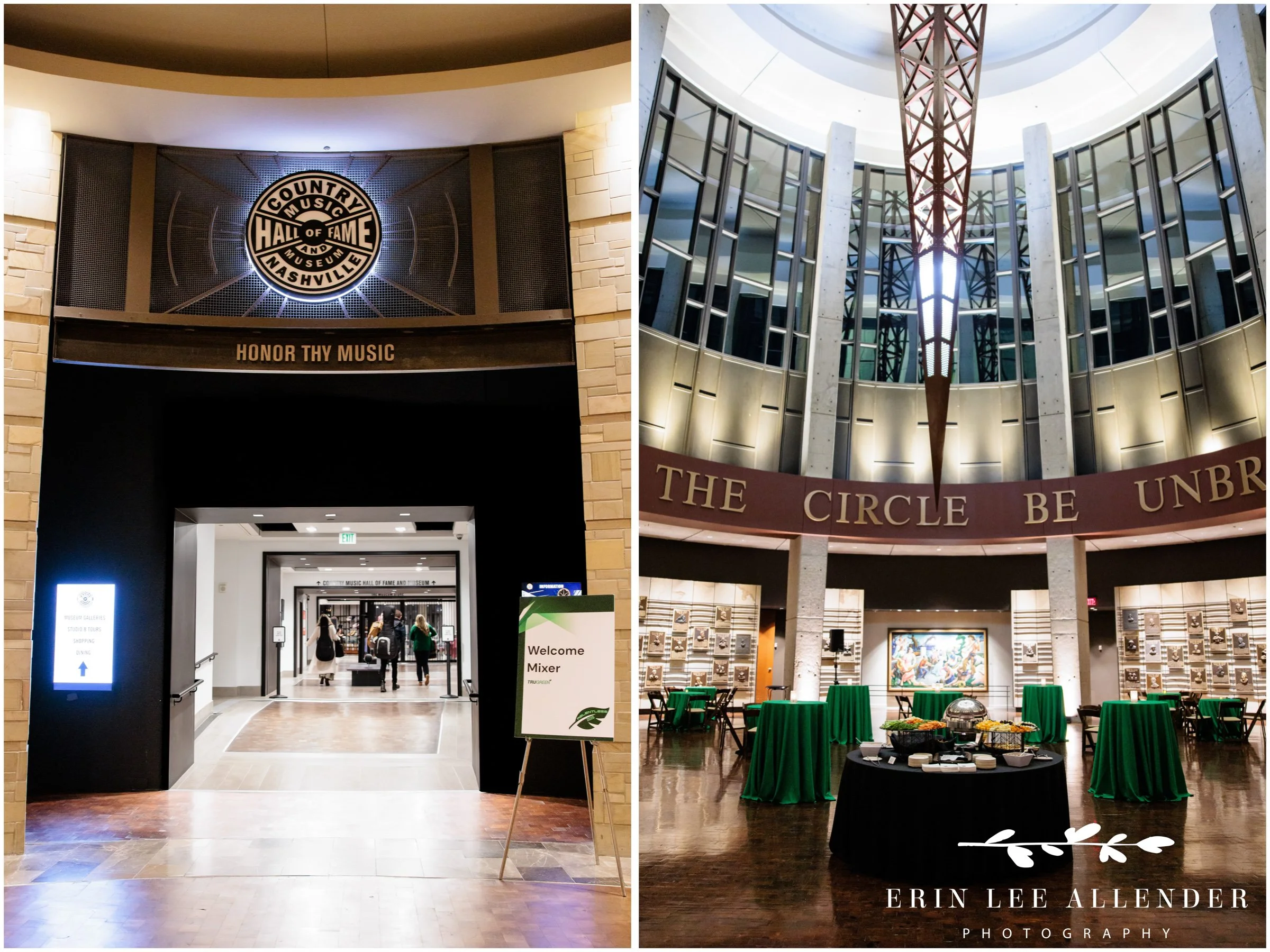 Nashville corporate event photography — TruGreen Leadership Summit welcome mixer sign at the Country Music Hall of Fame connecting walkway from the Omni Nashville