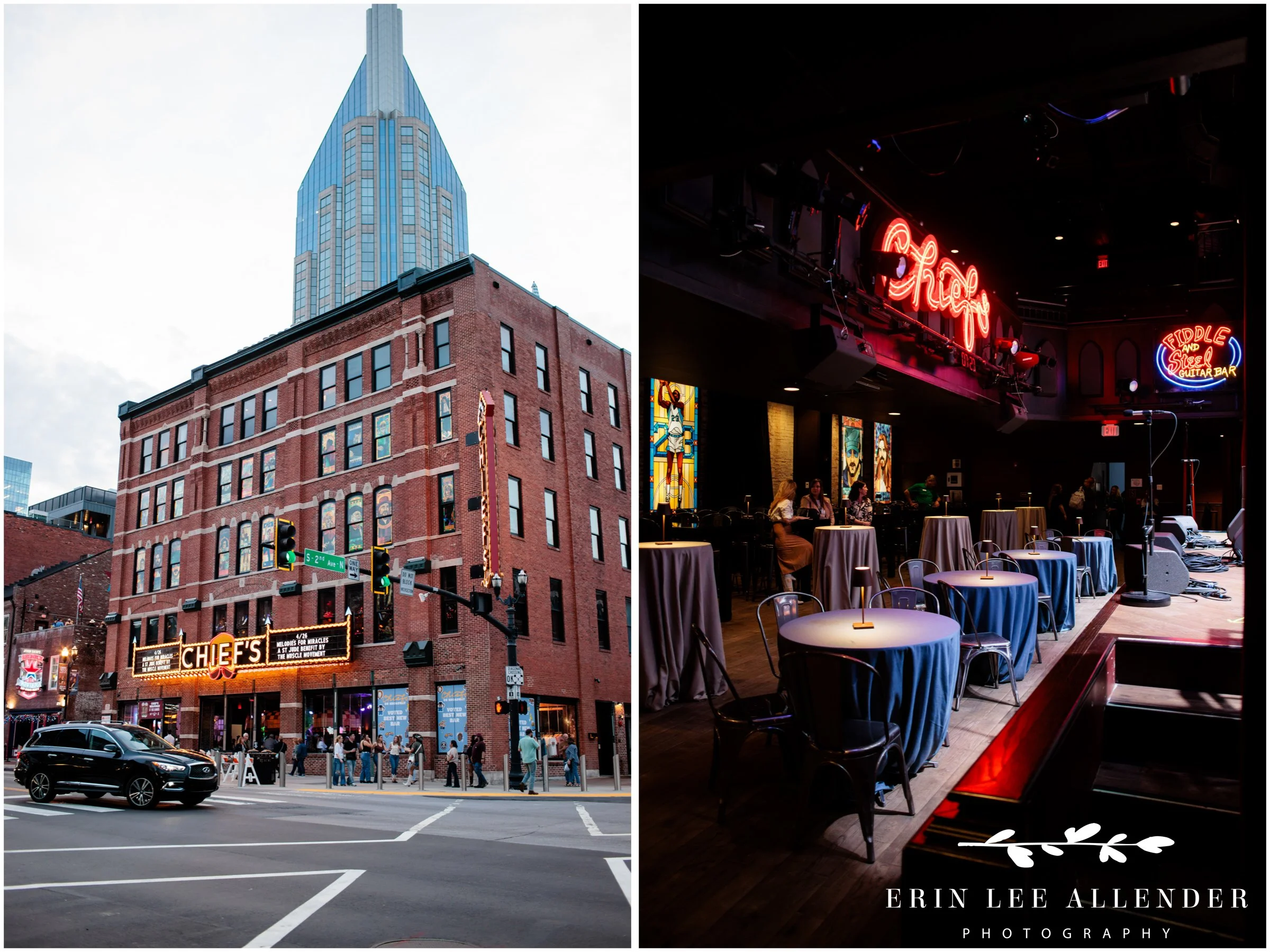 Experiential corporate conference offsite in Neon Steeple room at Chief’s in Nashville with live music performance by The Warren Brothers