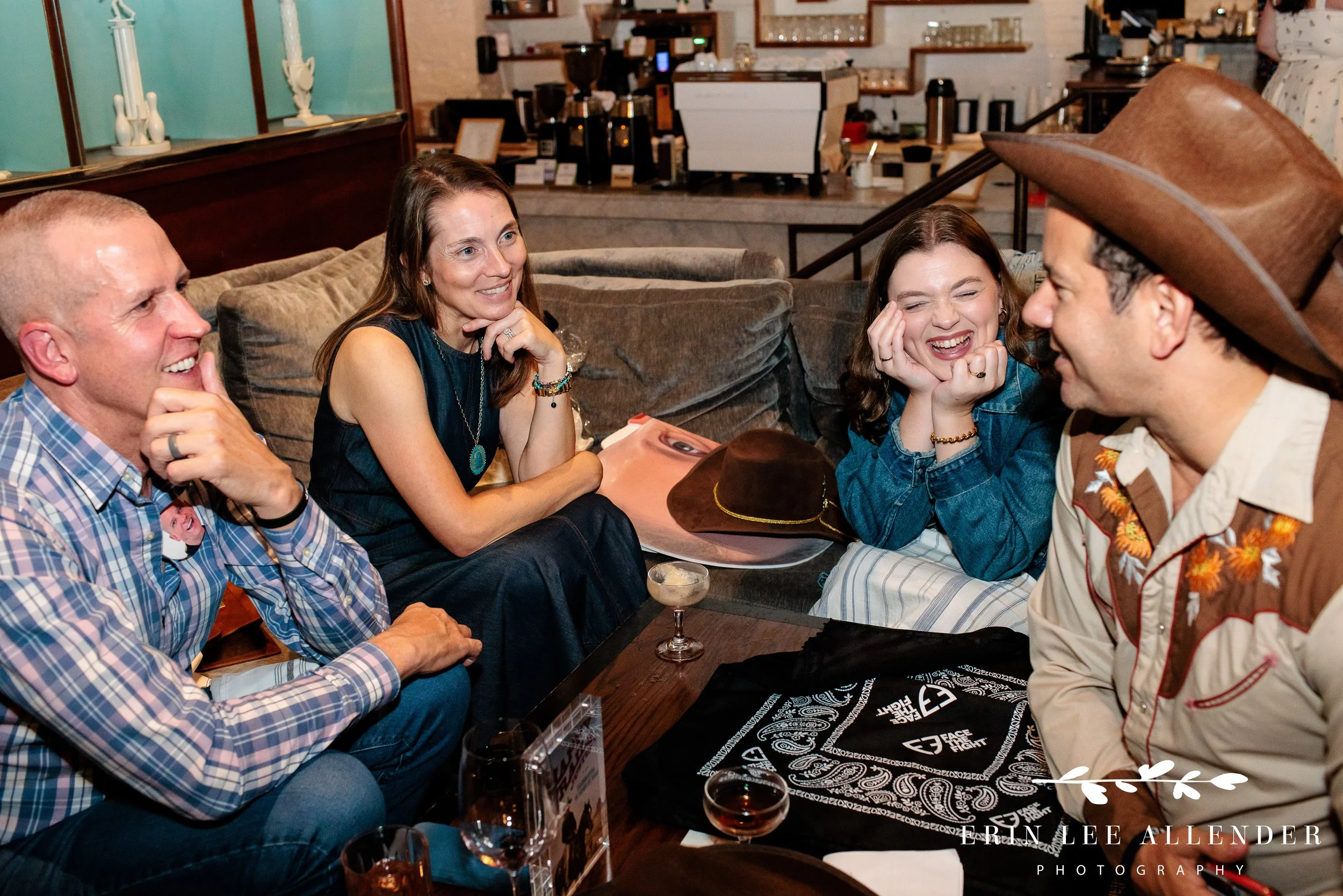 Guests mingling around tables at Face the Fight welcome party in Pinewood Social Nashville