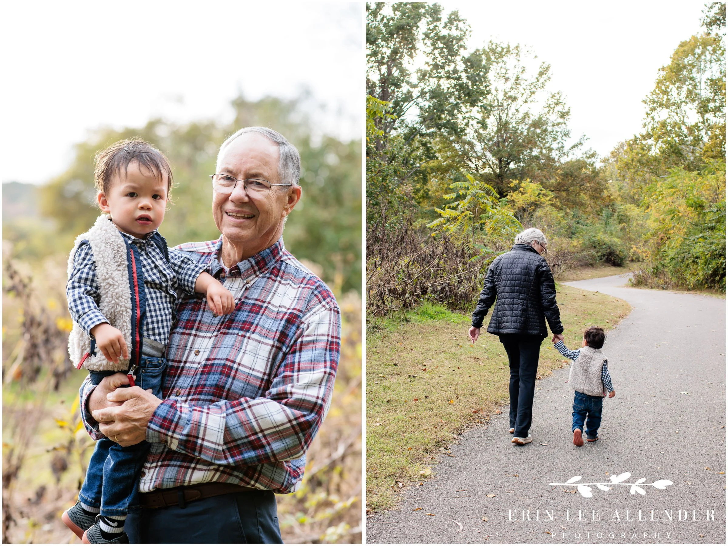 Nashville family photos — grandma and grandpa with their one-year-old grandson on the Richland Creek Greenway