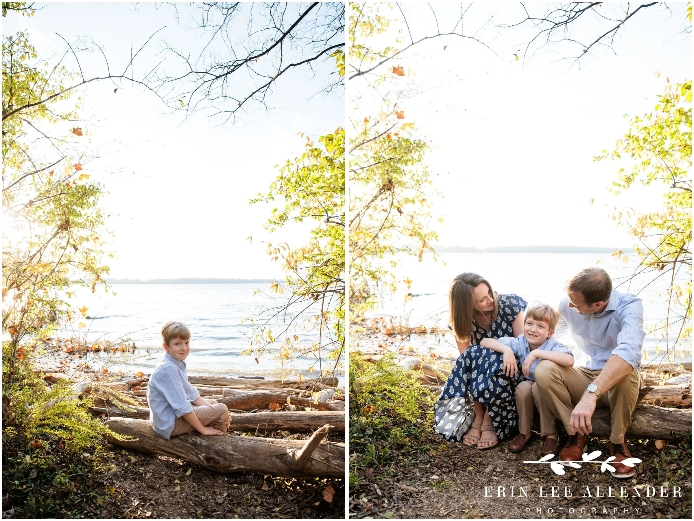 Late fall family session in Nashville — family of three being silly while sitting by the lake at Walton Ferry Arboretum