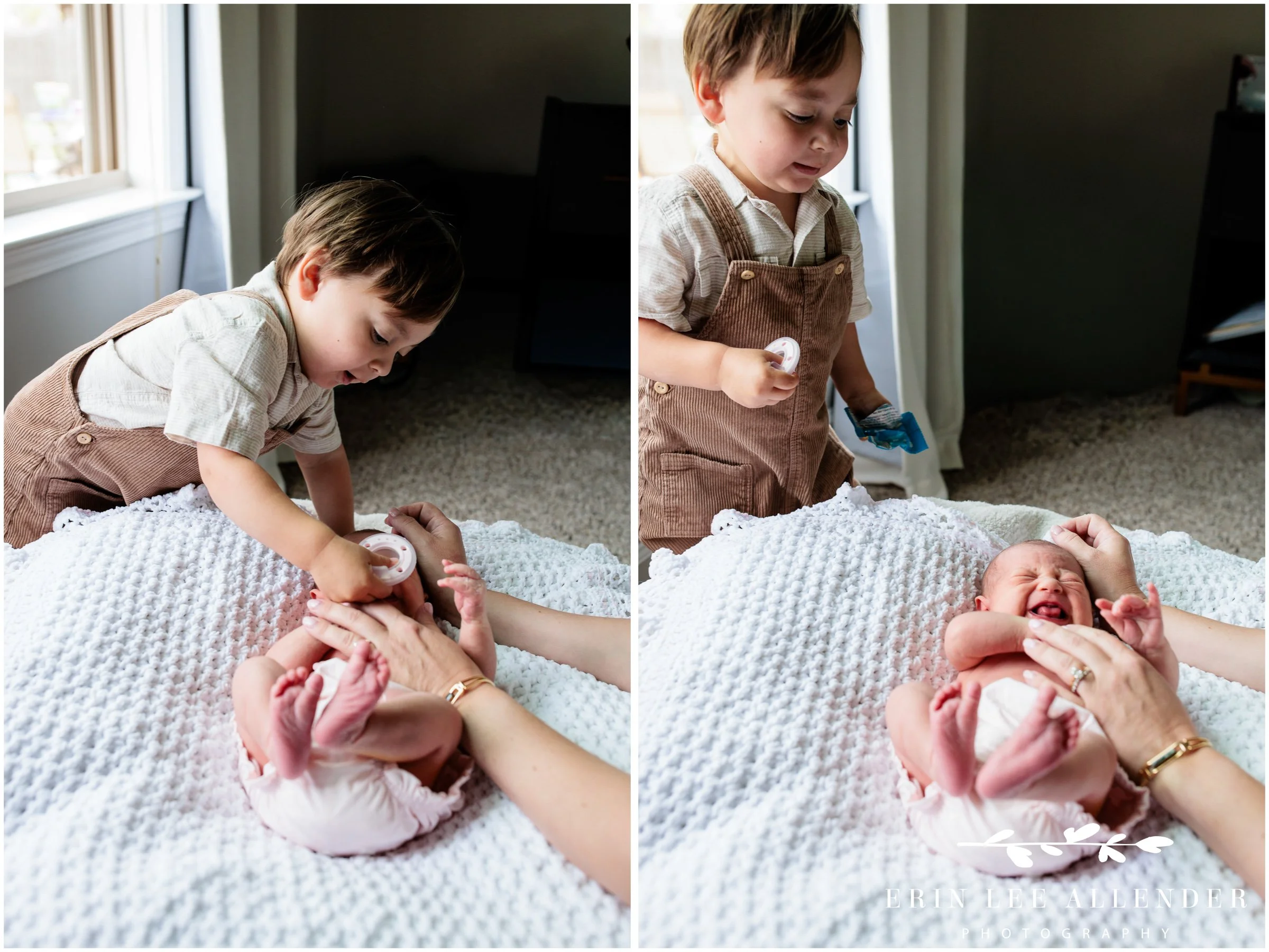 Nashville family photography — toddler big brother helping with his newborn baby sister during in-home session