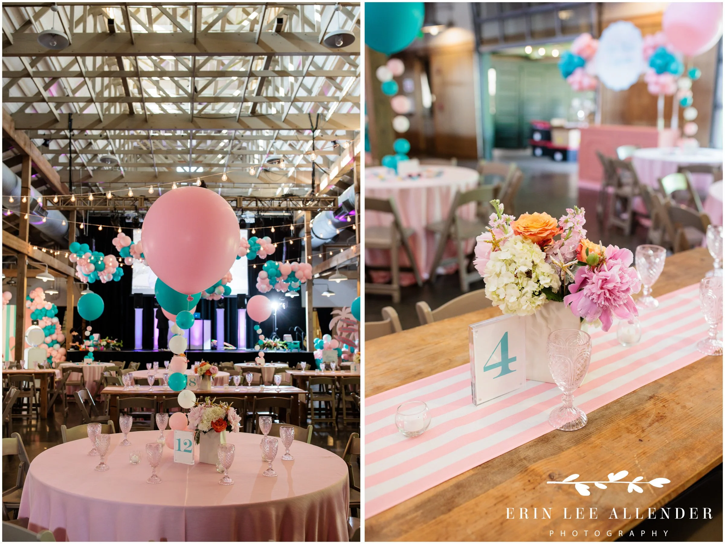 Nashville mitzvah photography — pink and white striped table runner detail at Loveless Barn Nashville