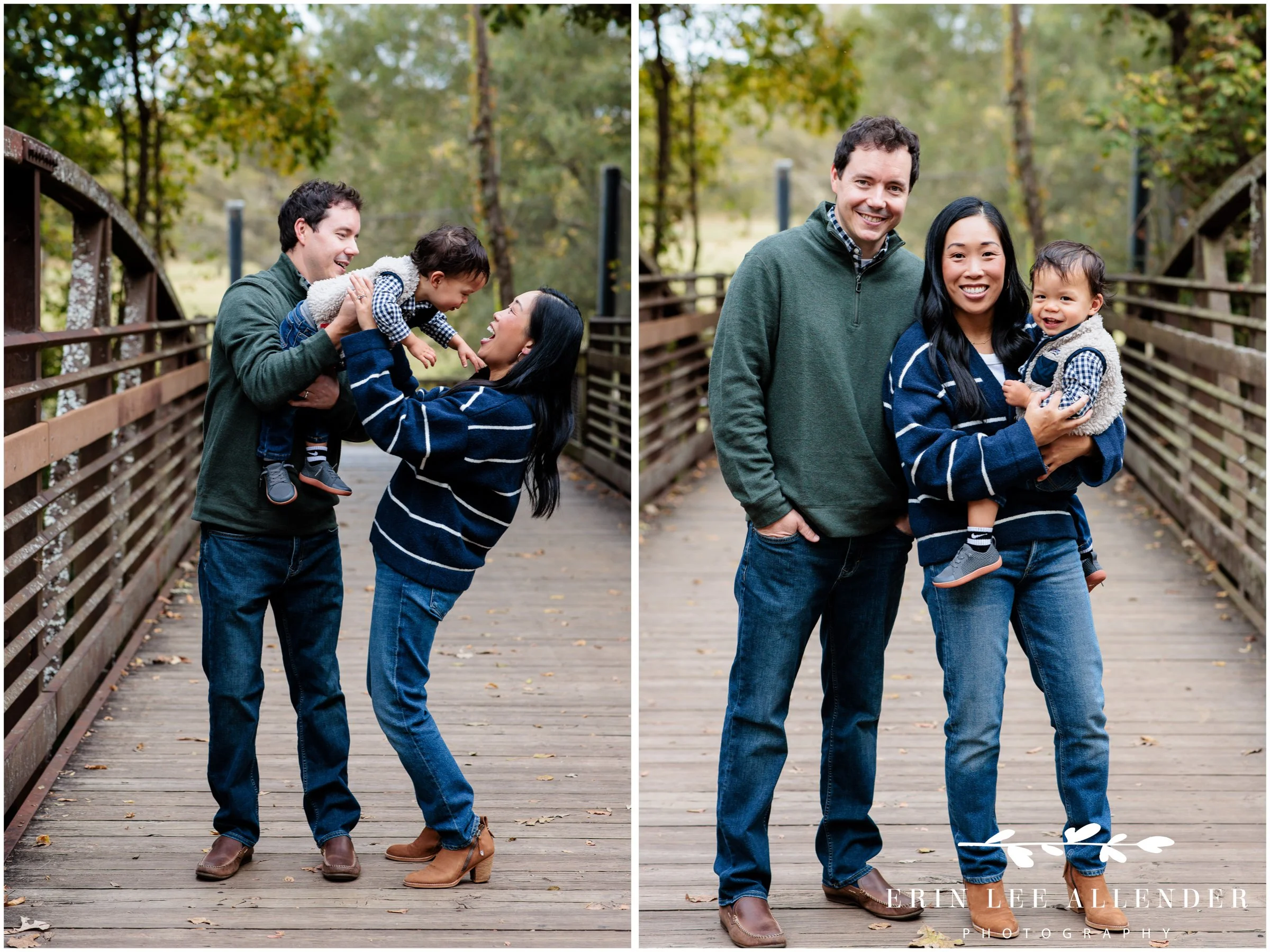 Nashville family session — family of three together on a bridge on the Richland Creek Greenway