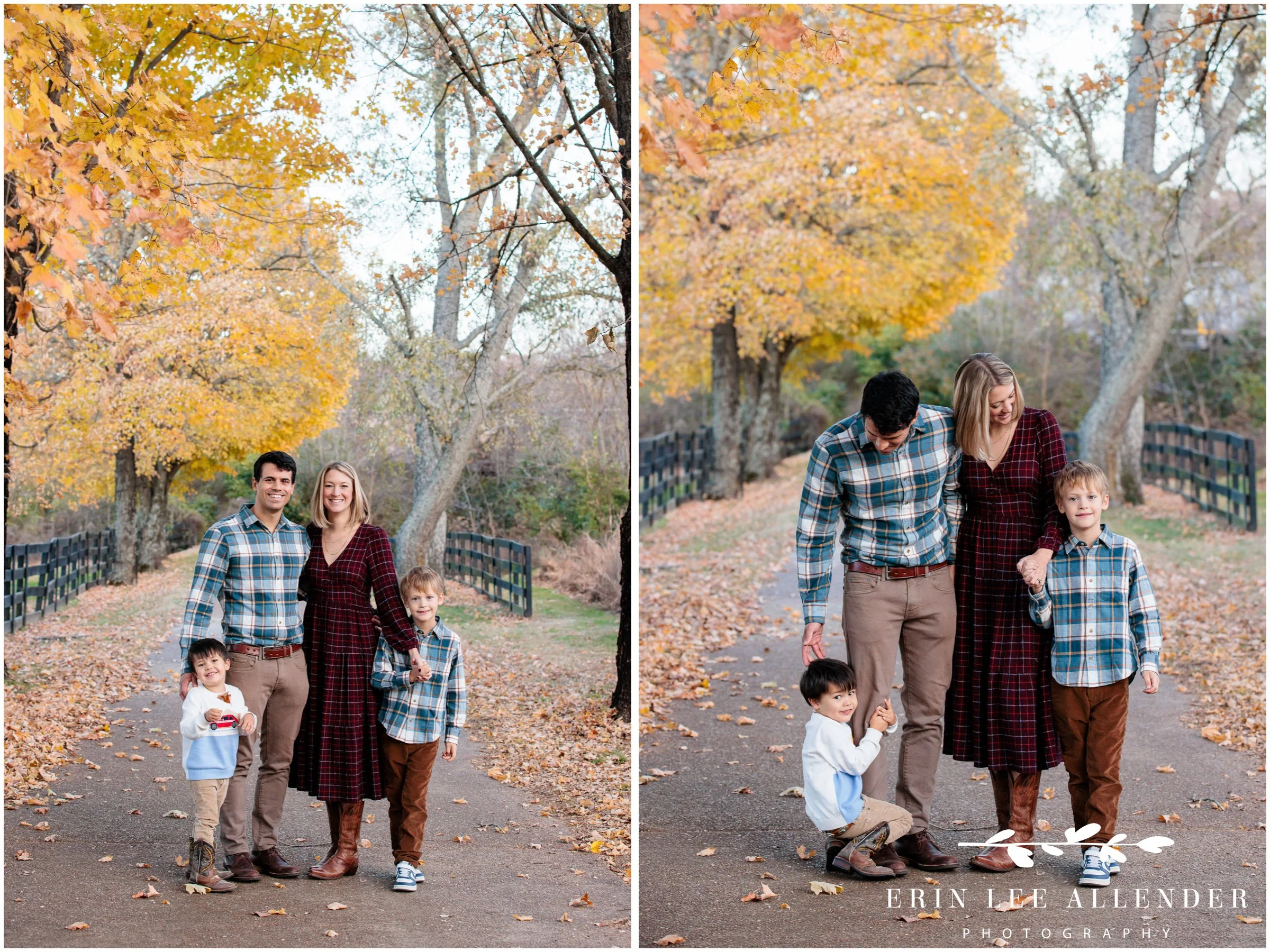 Nashville fall family photos — family of four on a country road lined with fall trees at Marcella Vivrette Smith Park