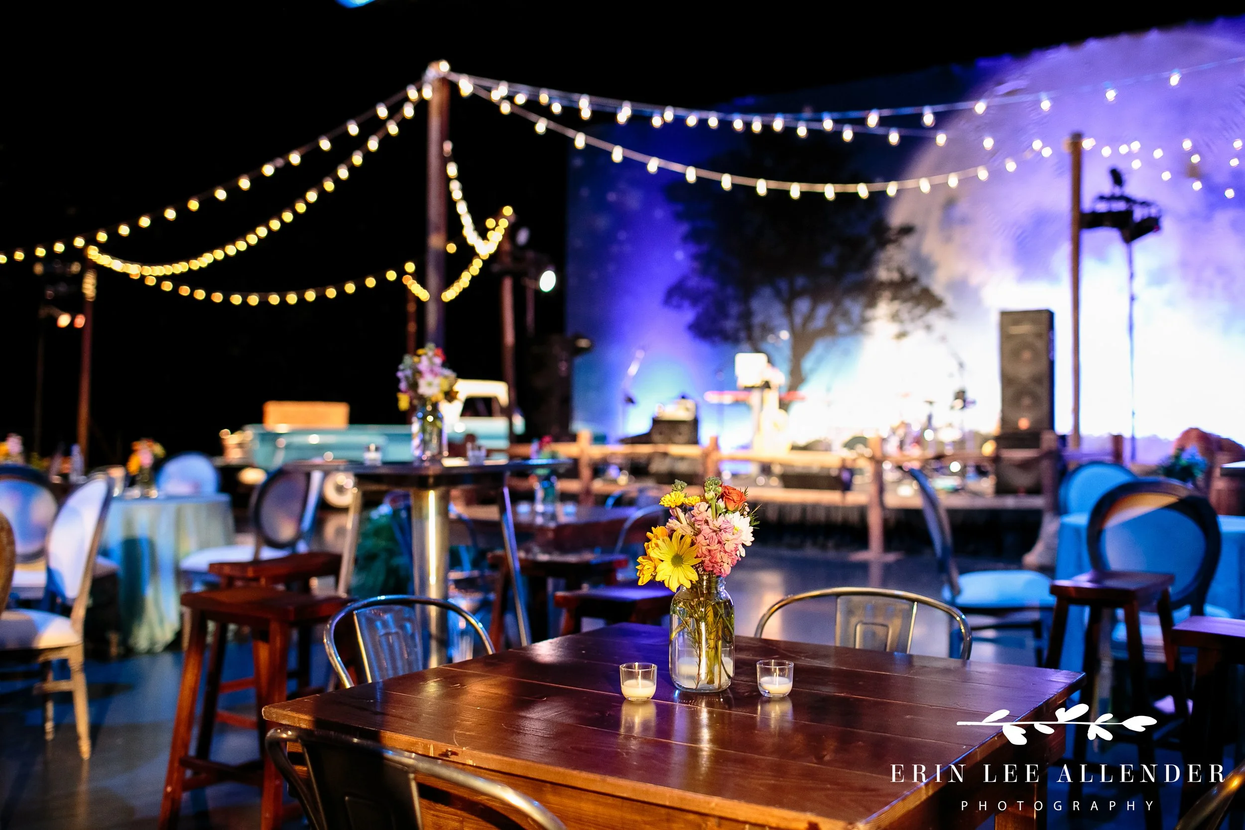 Close-up of hay bales and string lights at Nashville corporate dinner Grand Ole Opry