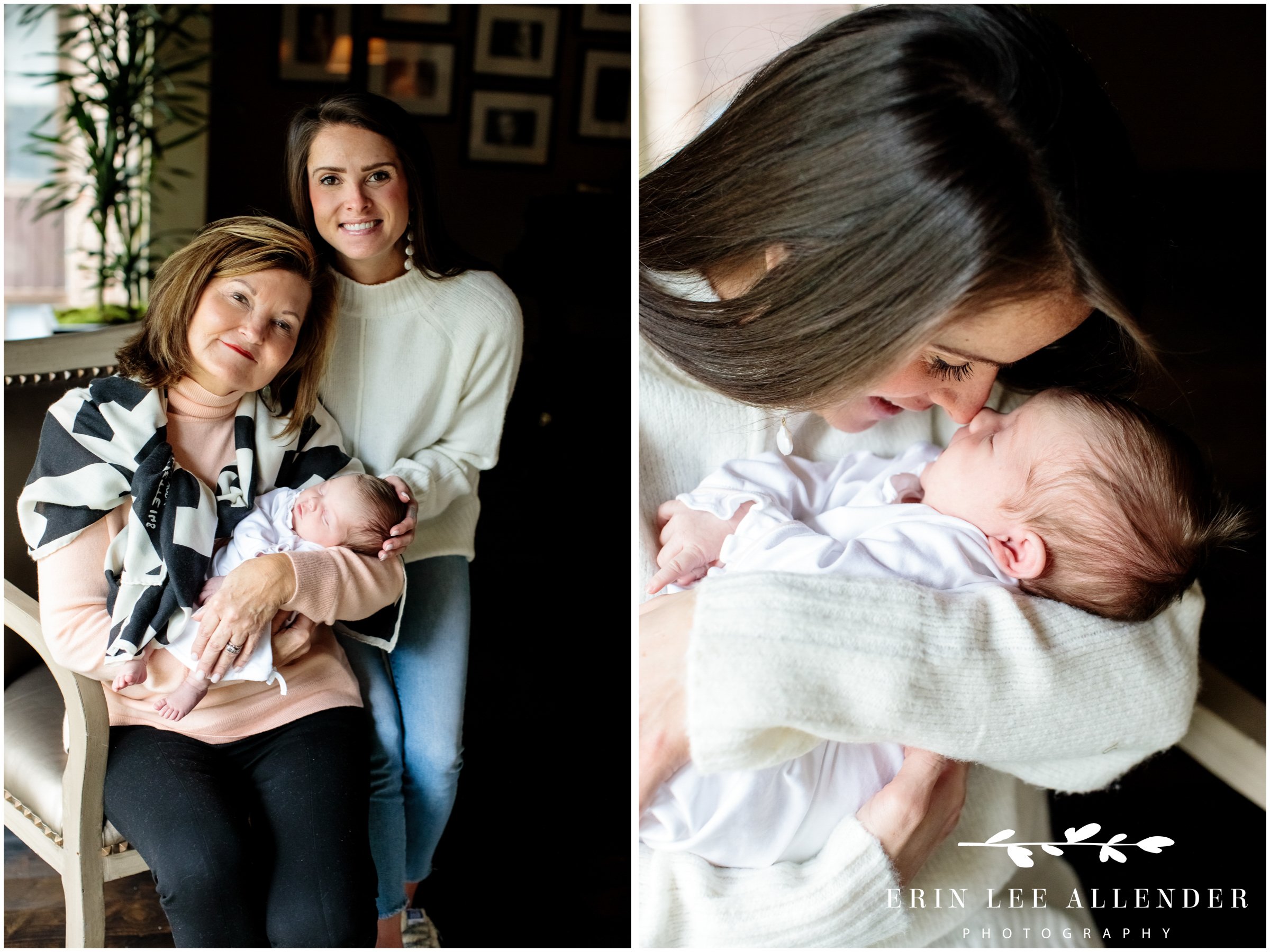 Mom, grandmother, and newborn baby together, showing three generations during an in-home Nashville session.