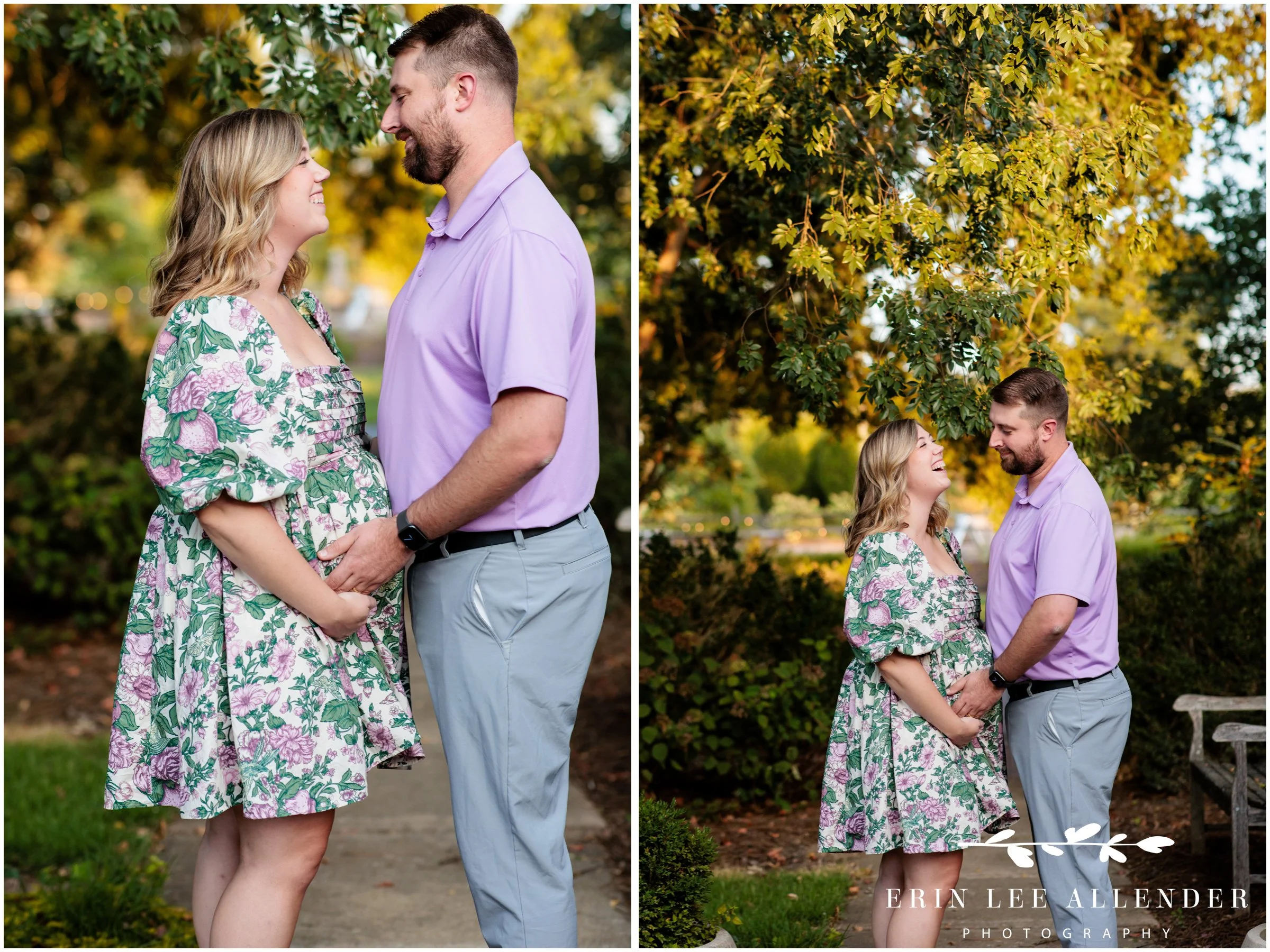 Husband and wife embracing during outdoor maternity session at Long Hollow Gardens in Gallatin, Tennessee