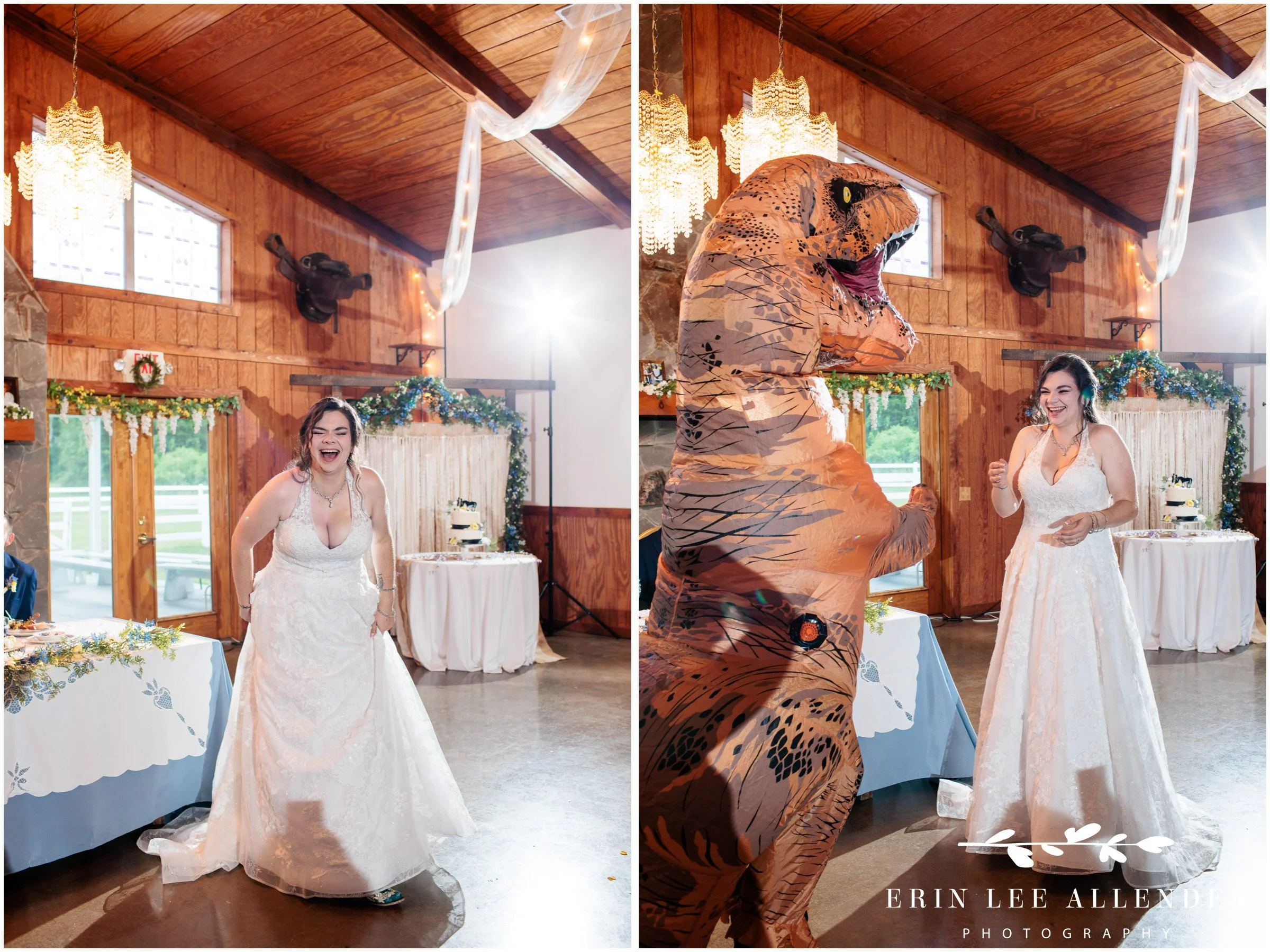 Groomsman in a T-rex costume opening the reception dance floor