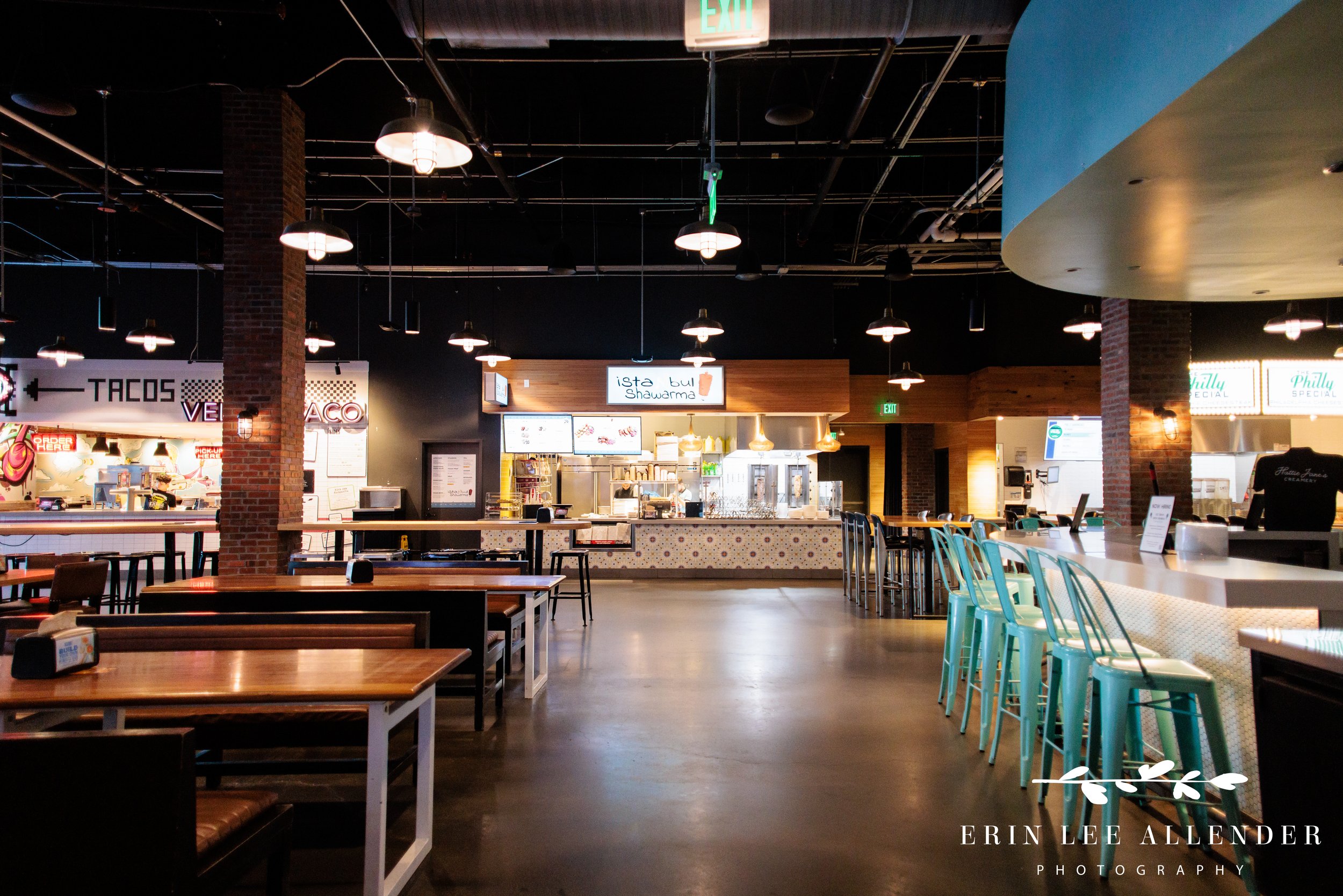 Conference guests exploring multiple restaurant stations during Assembly Food Hall buyout