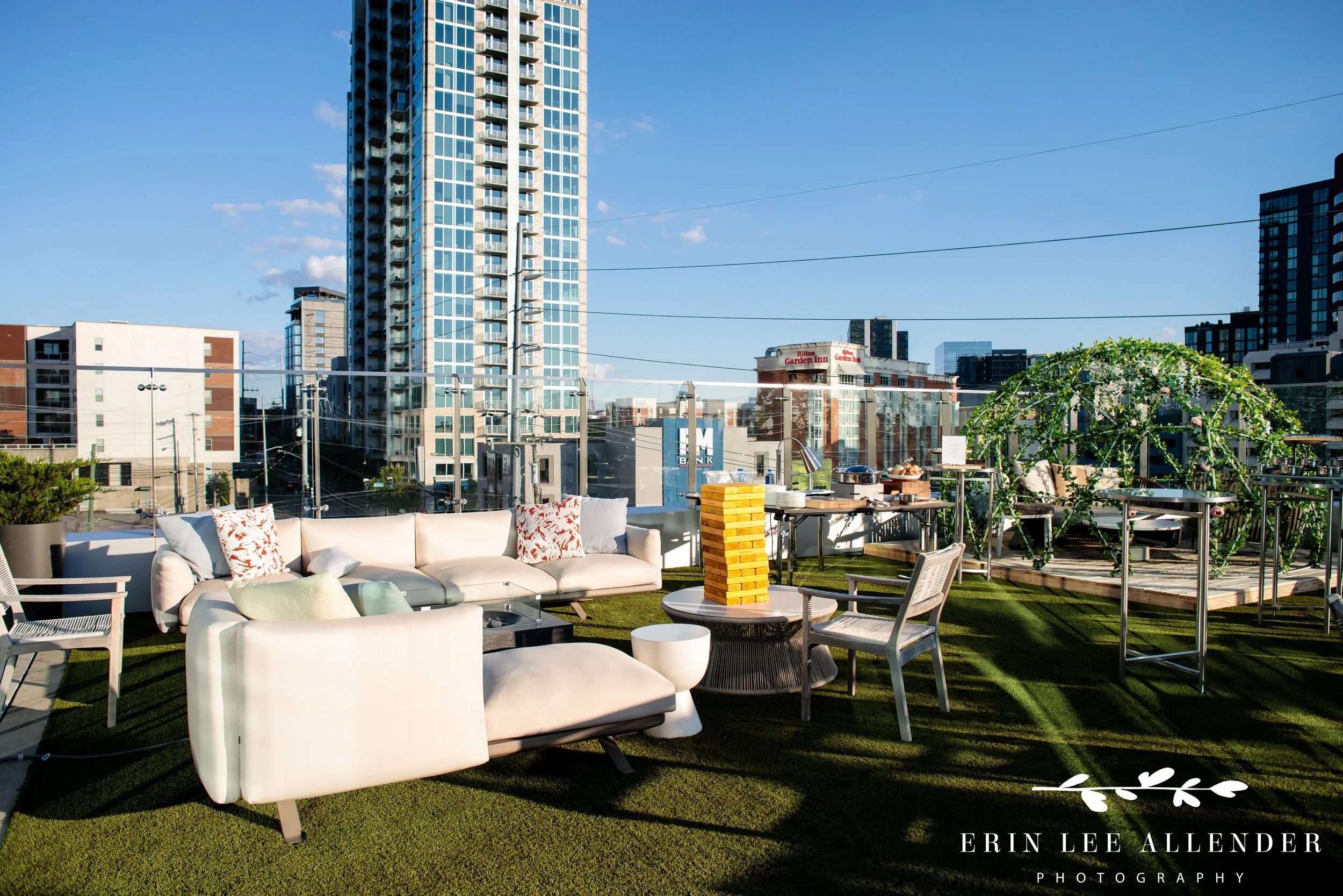 Nashville corporate event photographer — empty rooftop deck at The Conrad set up before CBIZ Nashville Summit welcome reception guests arrive