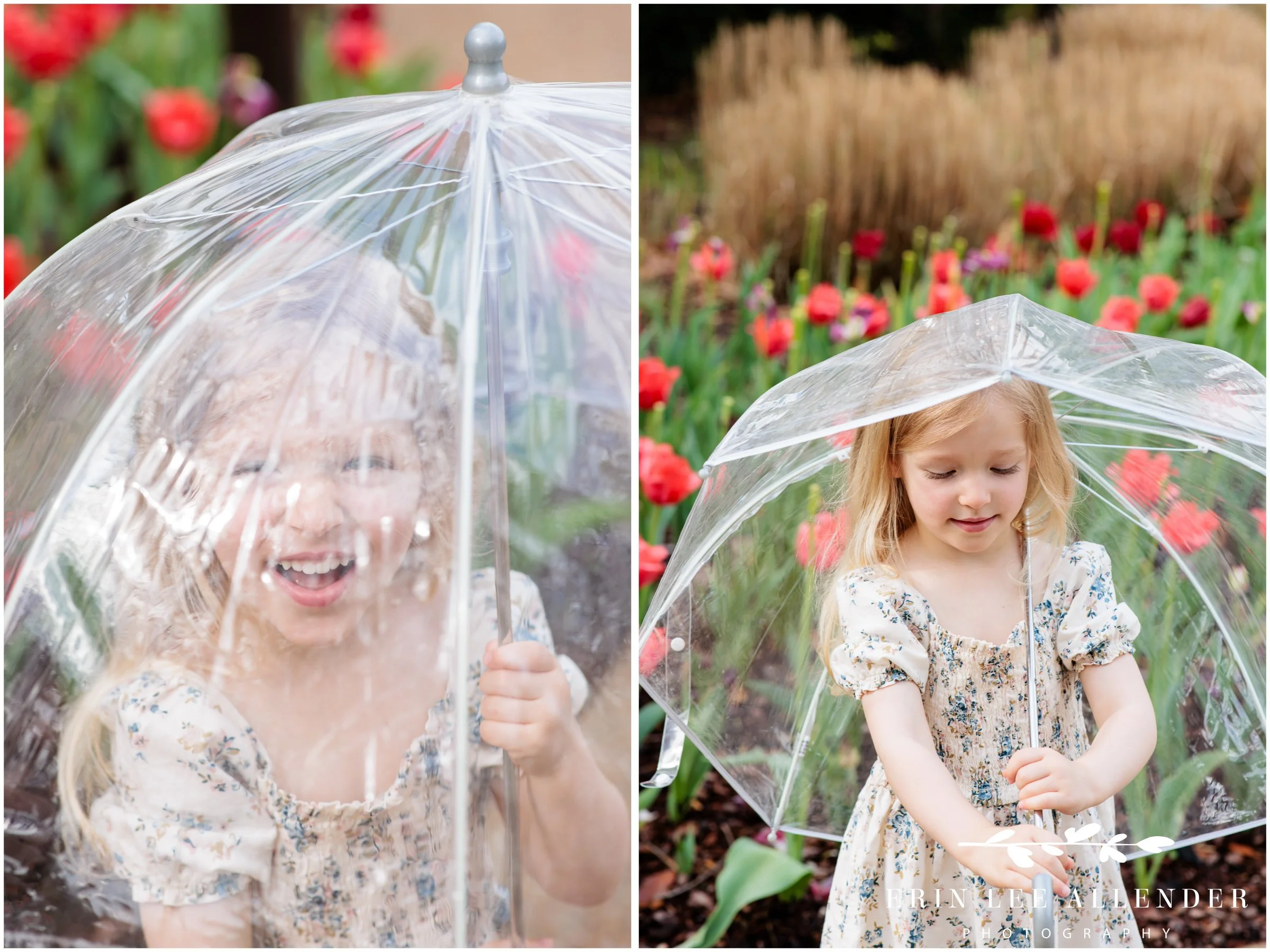 Child laughing under umbrella among spring tulips at Cheekwood Botanical Garden, Nashville family photography milestone session