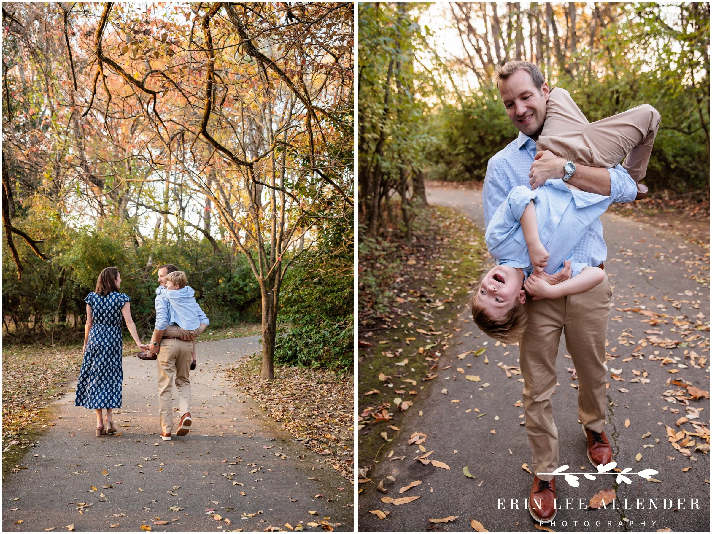 Nashville family photography — family of three walking down a tree-lined path at Walton Ferry Arboretum at the end of autumn