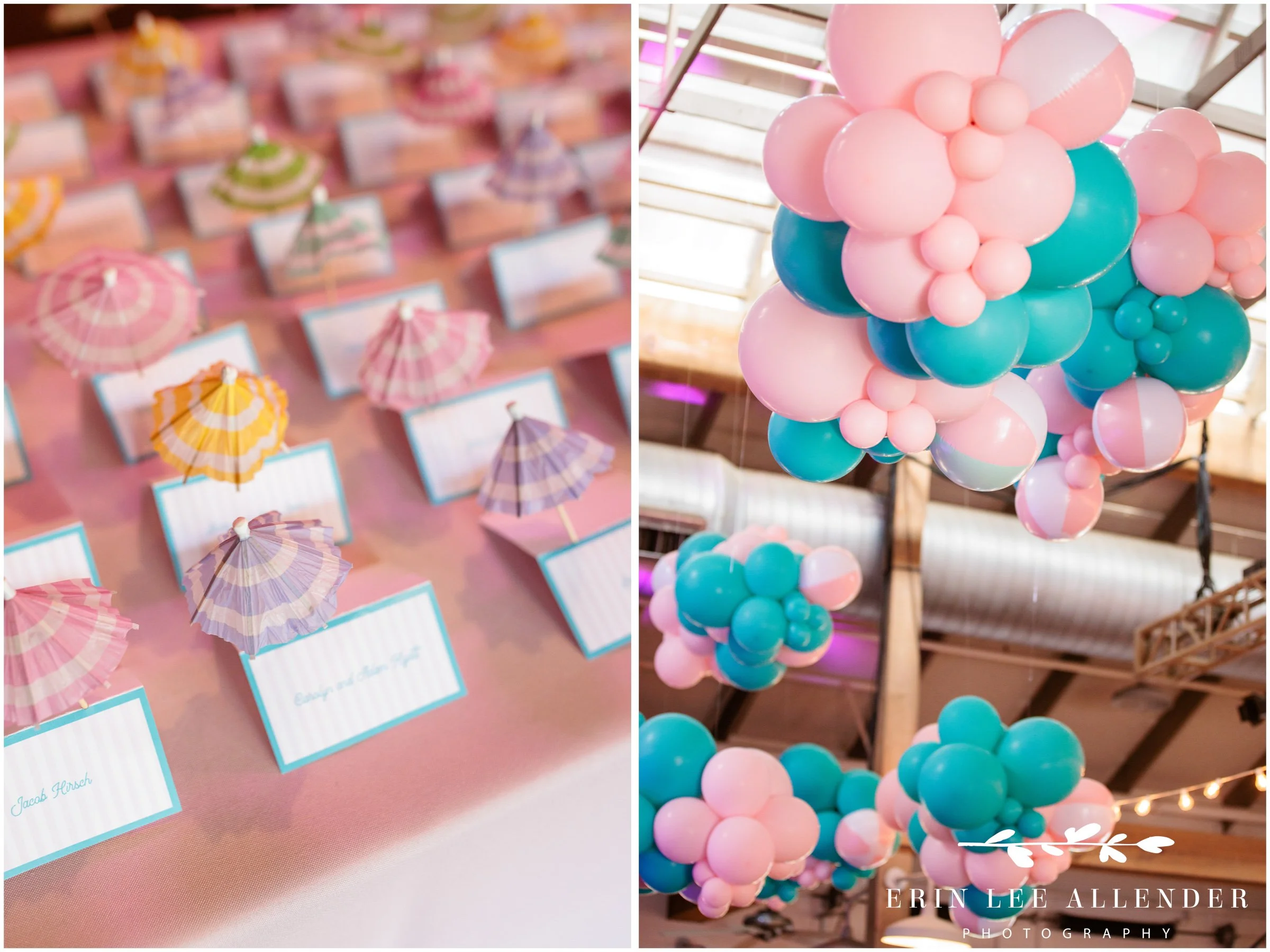 Nashville mitzvah photographer — escort cards with tiki drink umbrellas at Loveless Barn Nashville