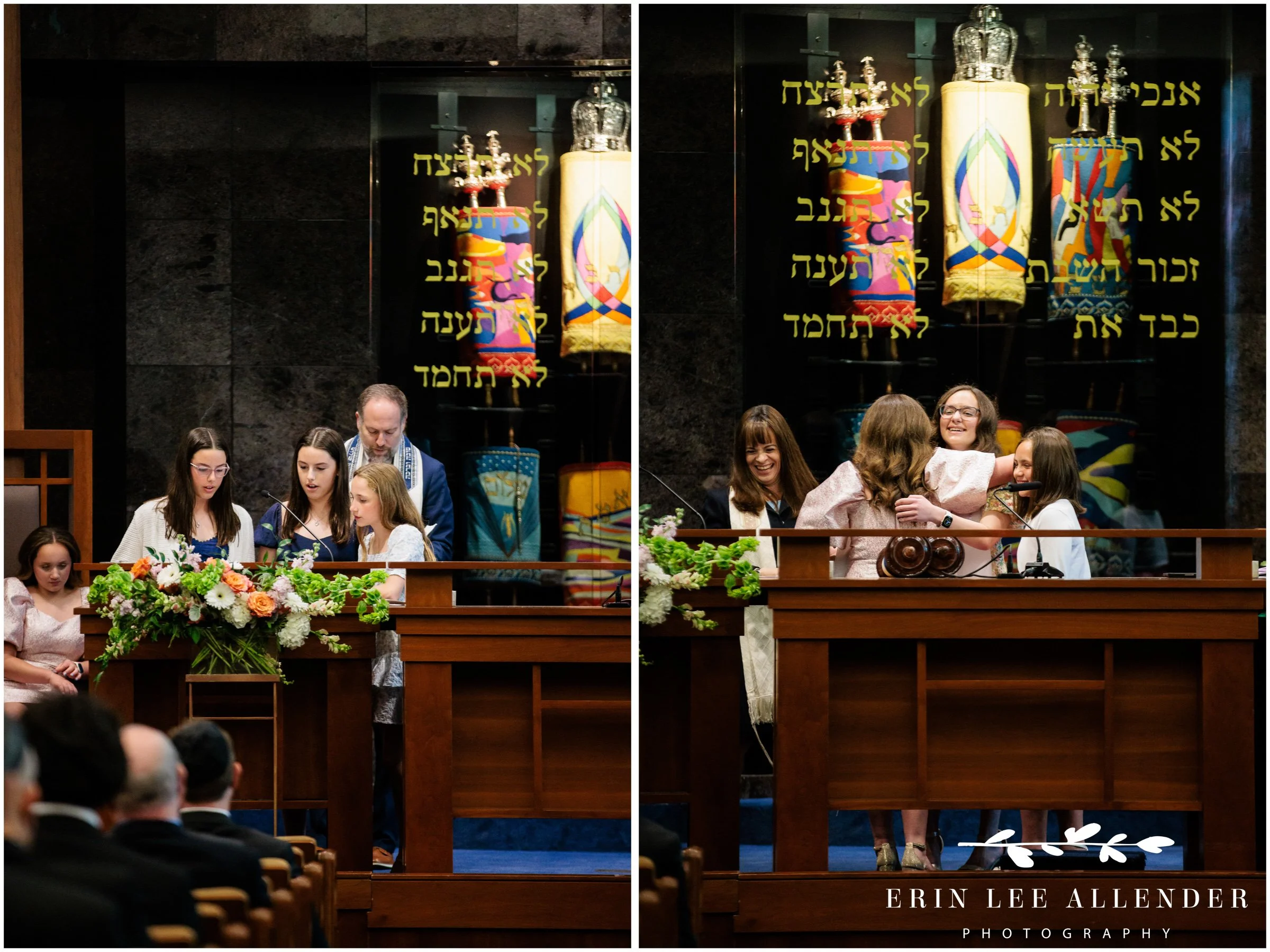 Nashville mitzvah photography — sisters presenting tallit to bat mitzvah during service at The Temple