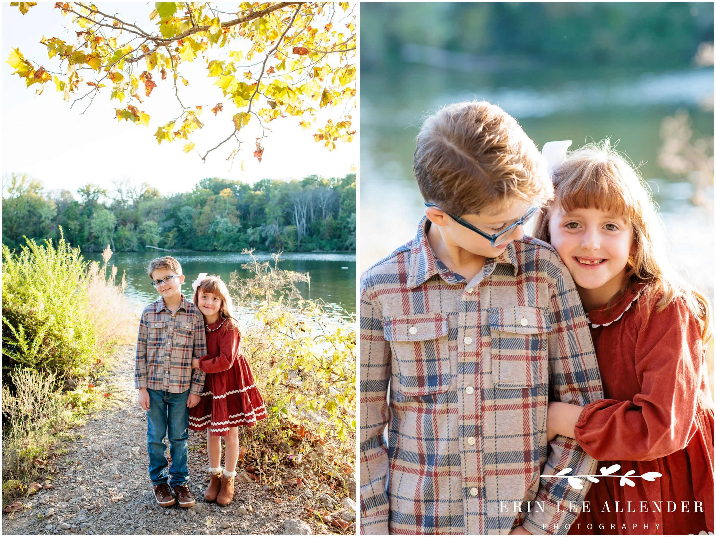 Nashville family portrait — little sister hugging her older brother with the lake in the background at Walton Ferry Arboretum