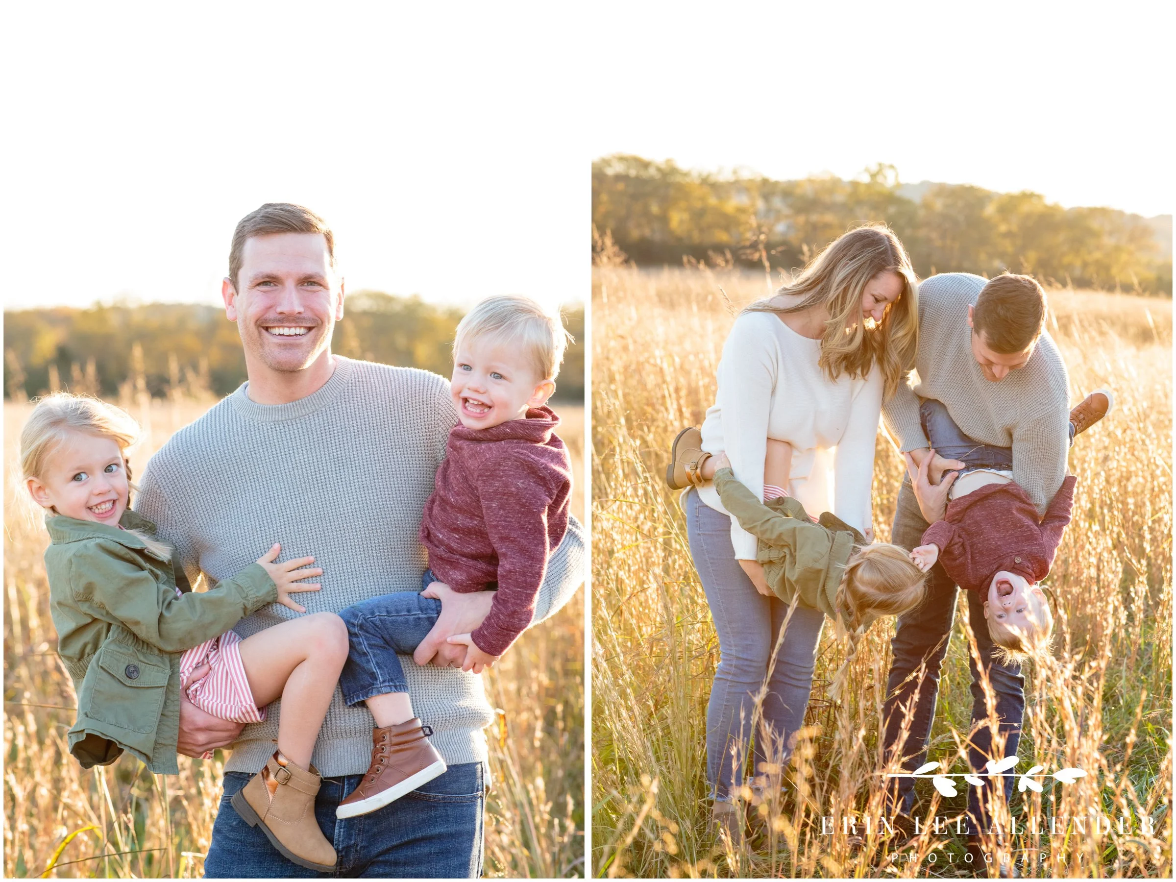Parents laughing with their children in a golden field during a Gallatin family photography session.