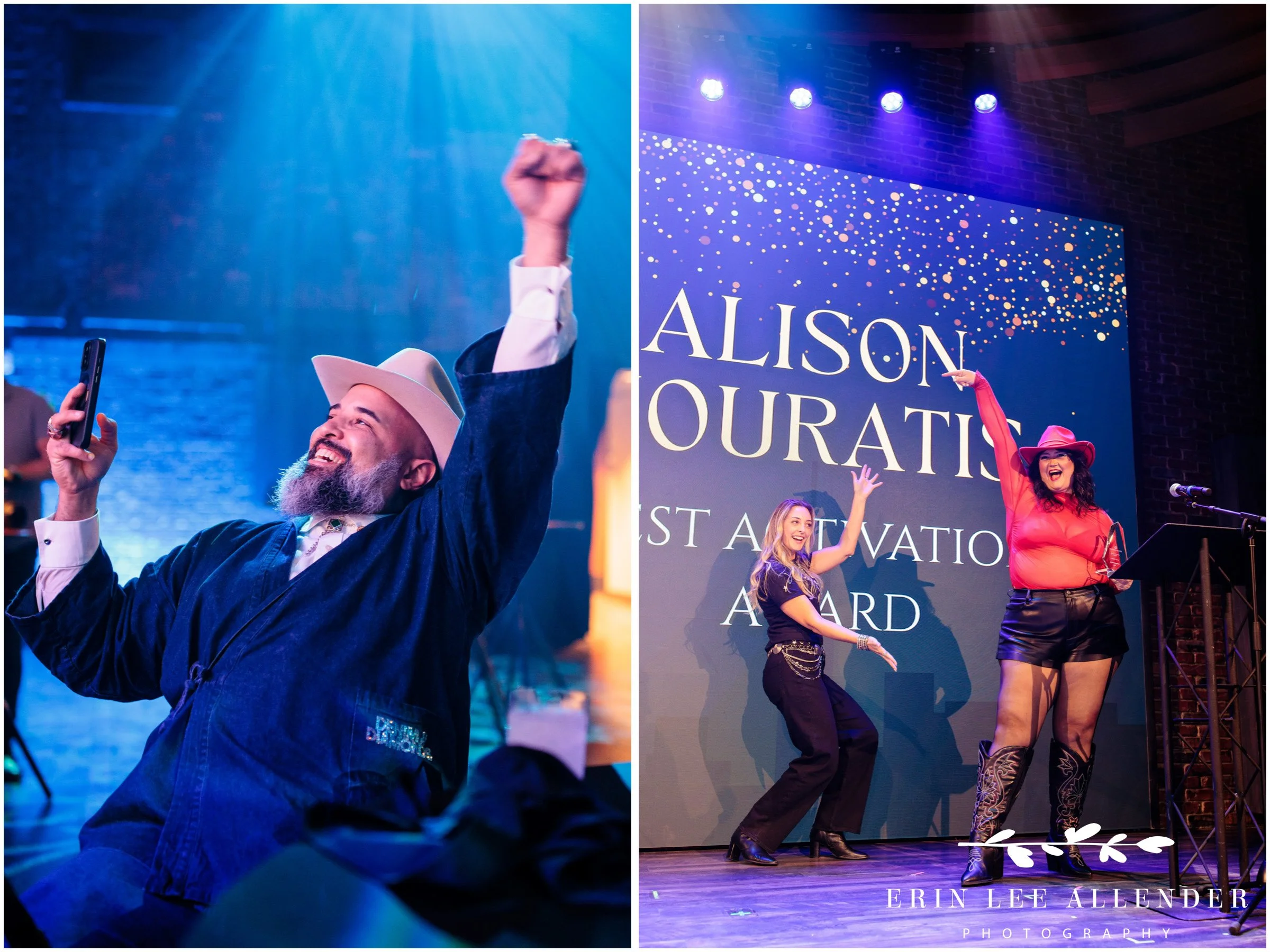 Nashville gala photographer — advocacy award recipient cheering on stage at Woolworth Theatre Nashville