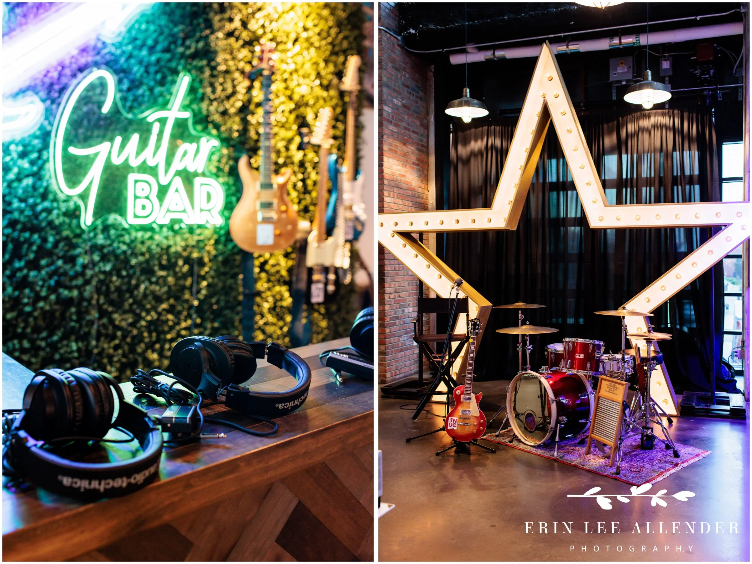 Guests choosing a guitar and listening through headphones at the guitar bar