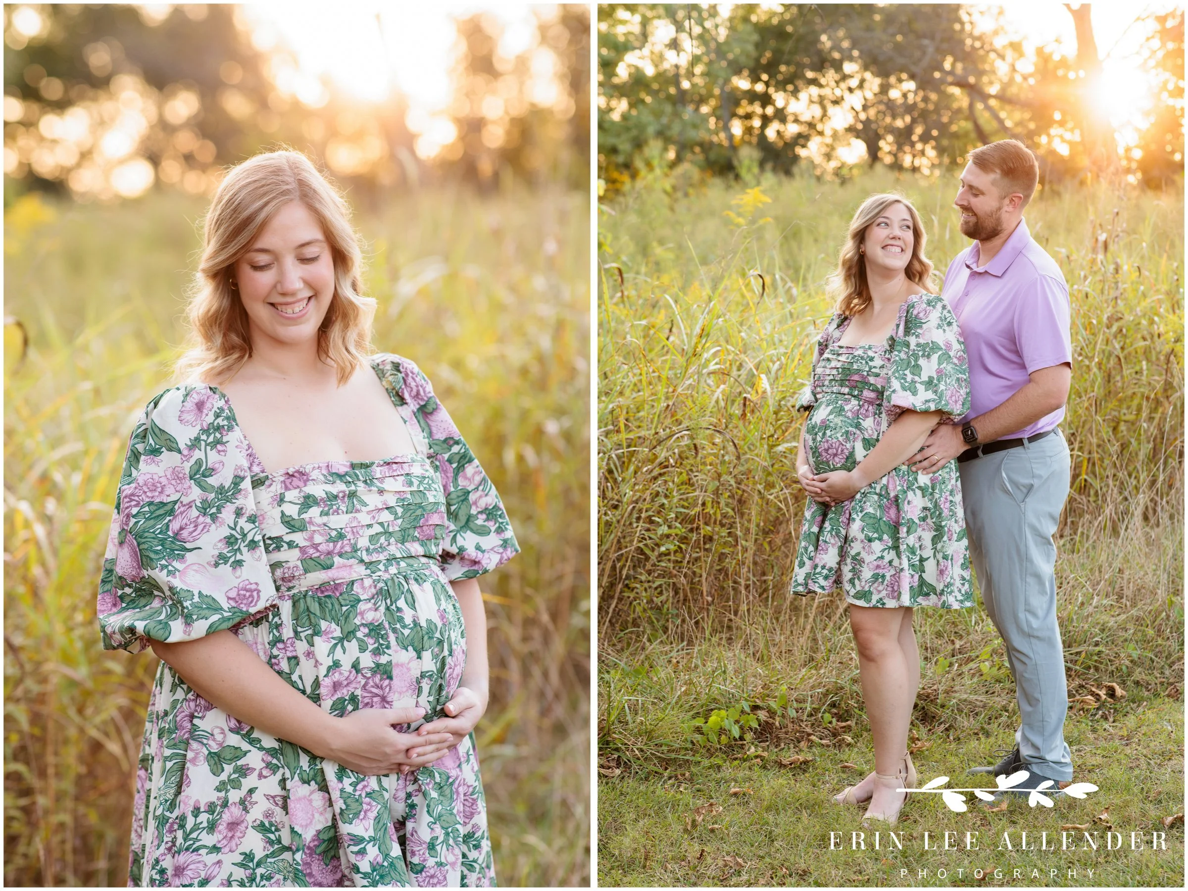 Expecting couple laughing together on the grounds of Long Hollow Gardens, golden hour maternity portraits by Erin Lee Allender