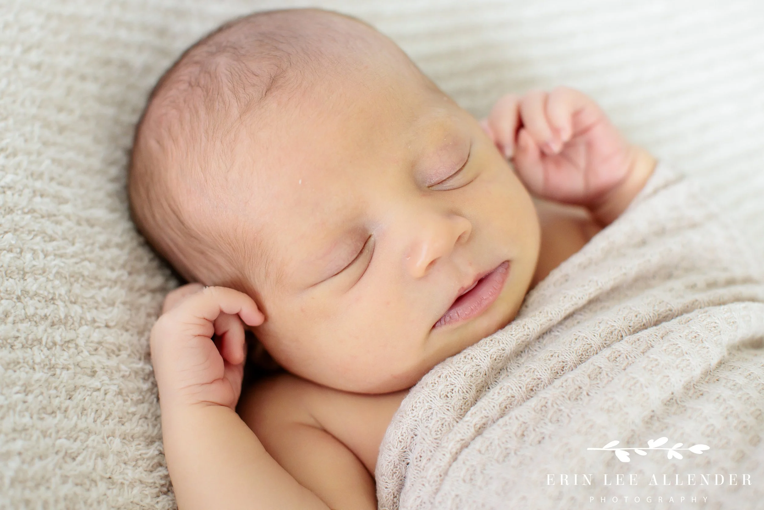 Nashville newborn portrait — close up of sleeping newborn baby girl, eyes closed, peaceful expression
