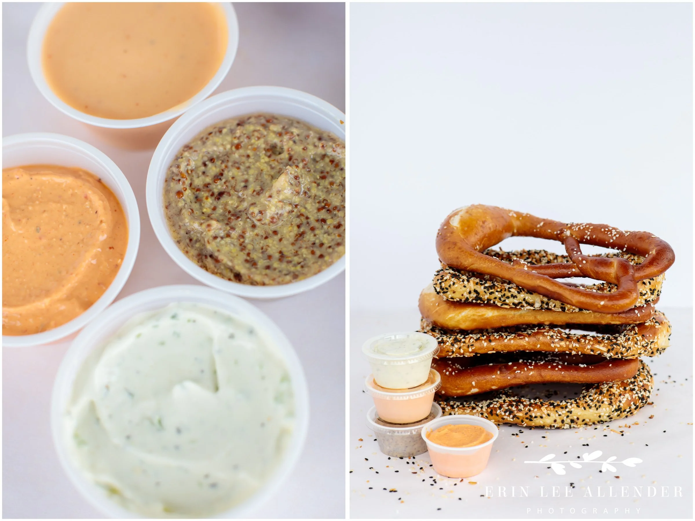 Close-up of FatBelly Pretzel's signature dips, photographed by Nashville food photographer Erin Lee Allender