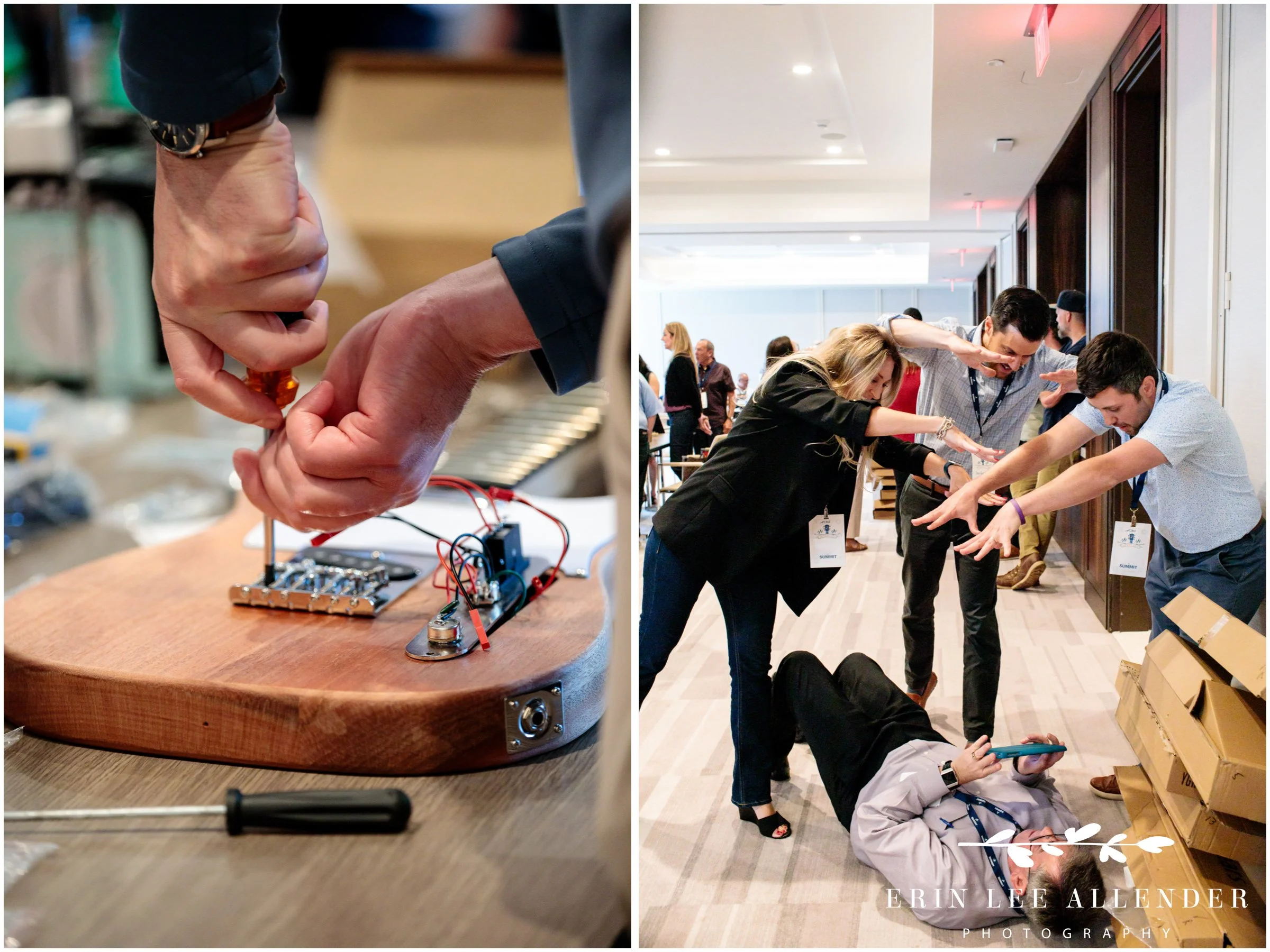 Nashville corporate event photography — team taking a silly photo to earn bonus points during CBIZ Nashville Summit guitar building competition