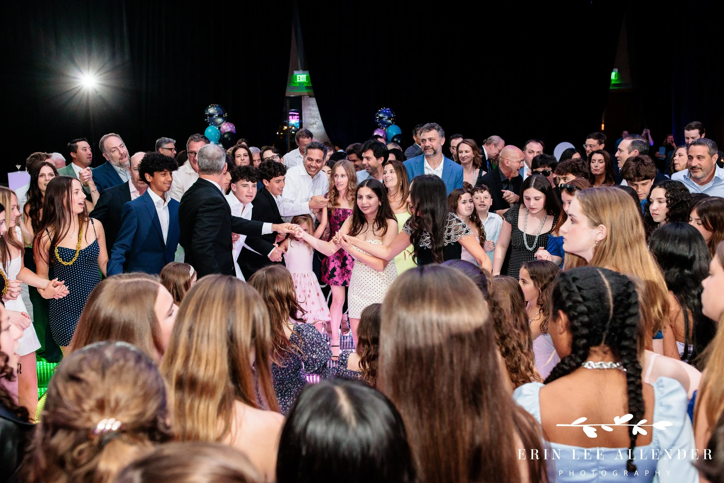 Wide shot of hora circle on dance floor