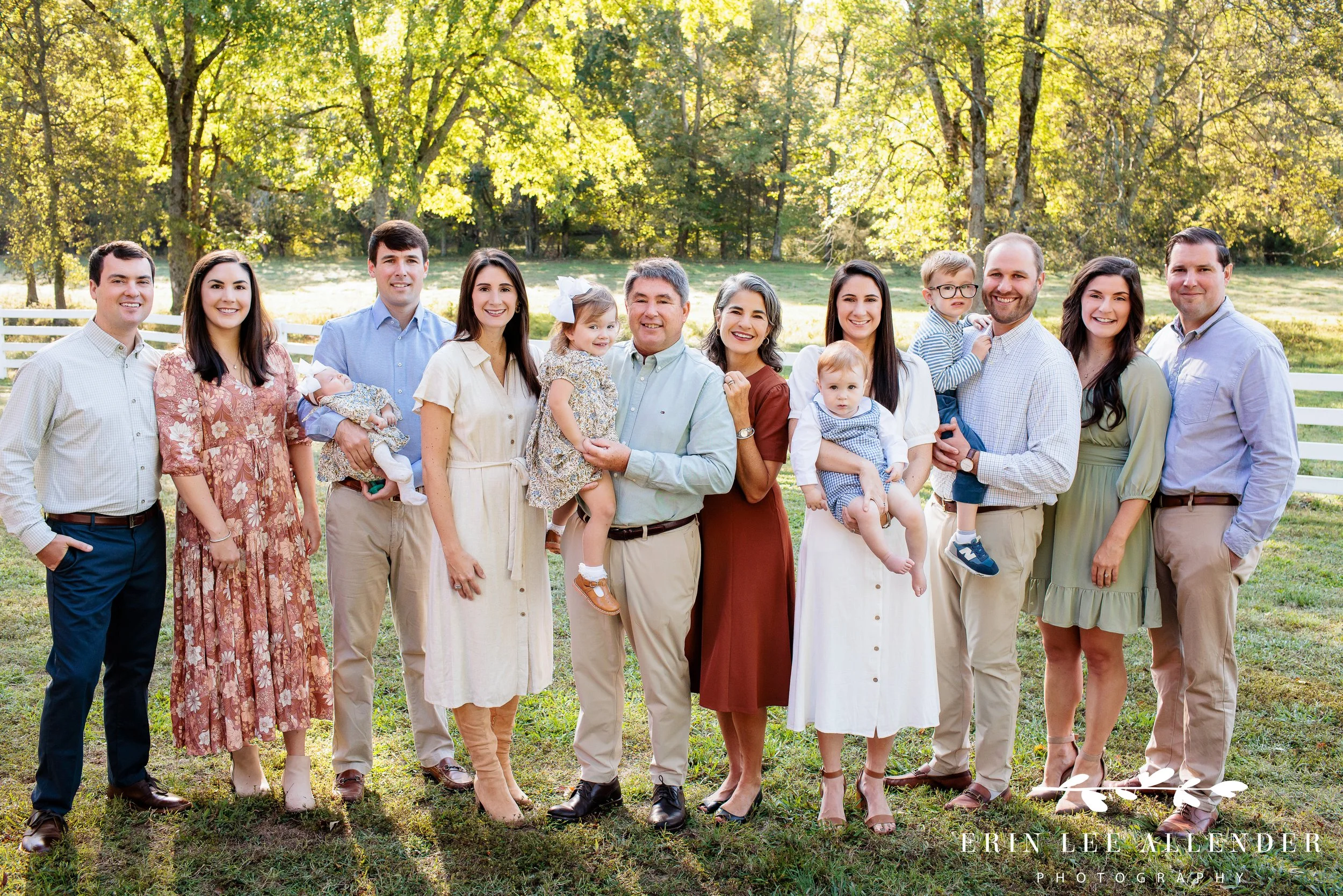 Nashville extended family session — three generations posed together in a large group portrait at a family farm