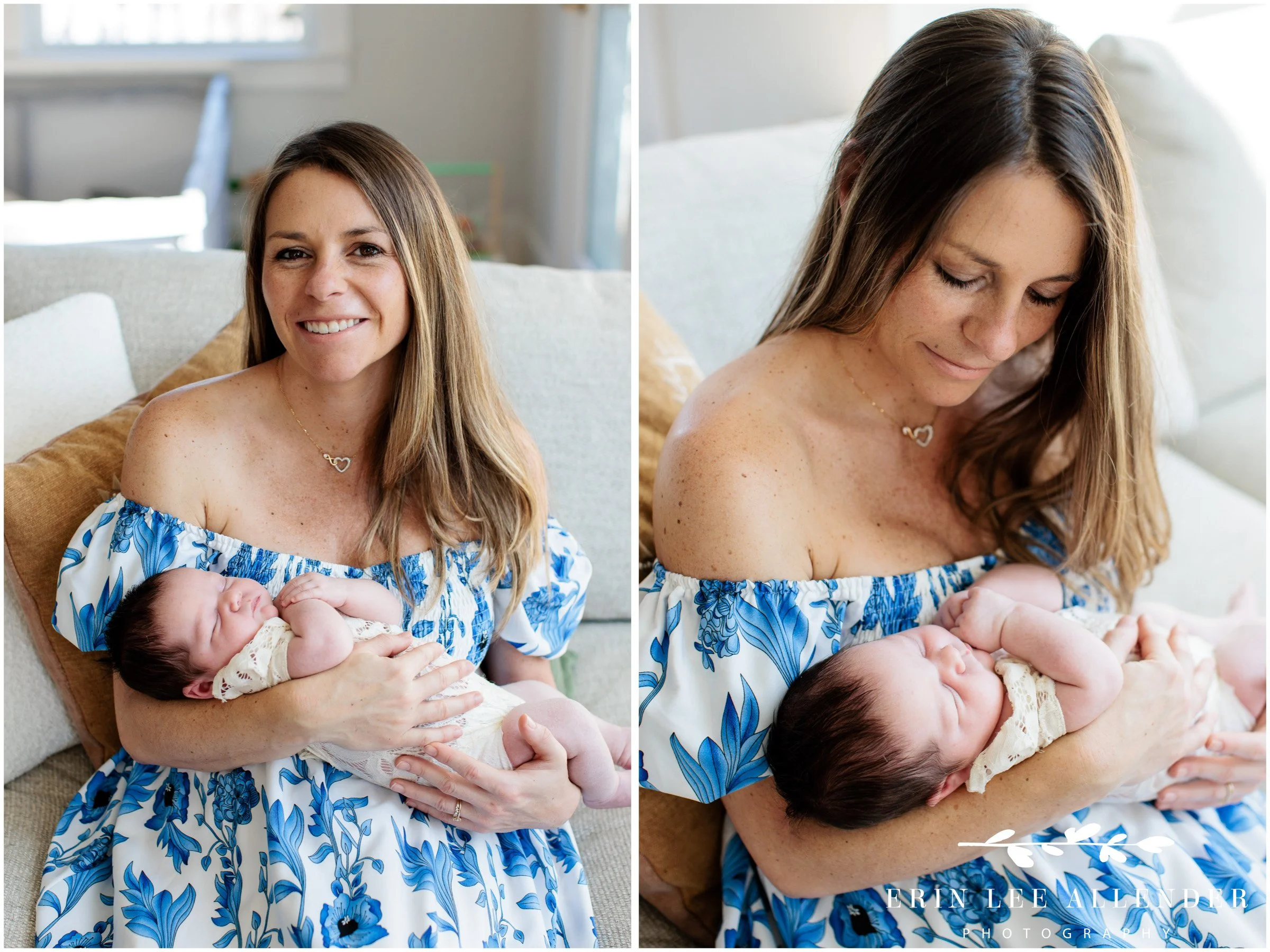Mom holding newborn baby girl during a Nashville in-home newborn session