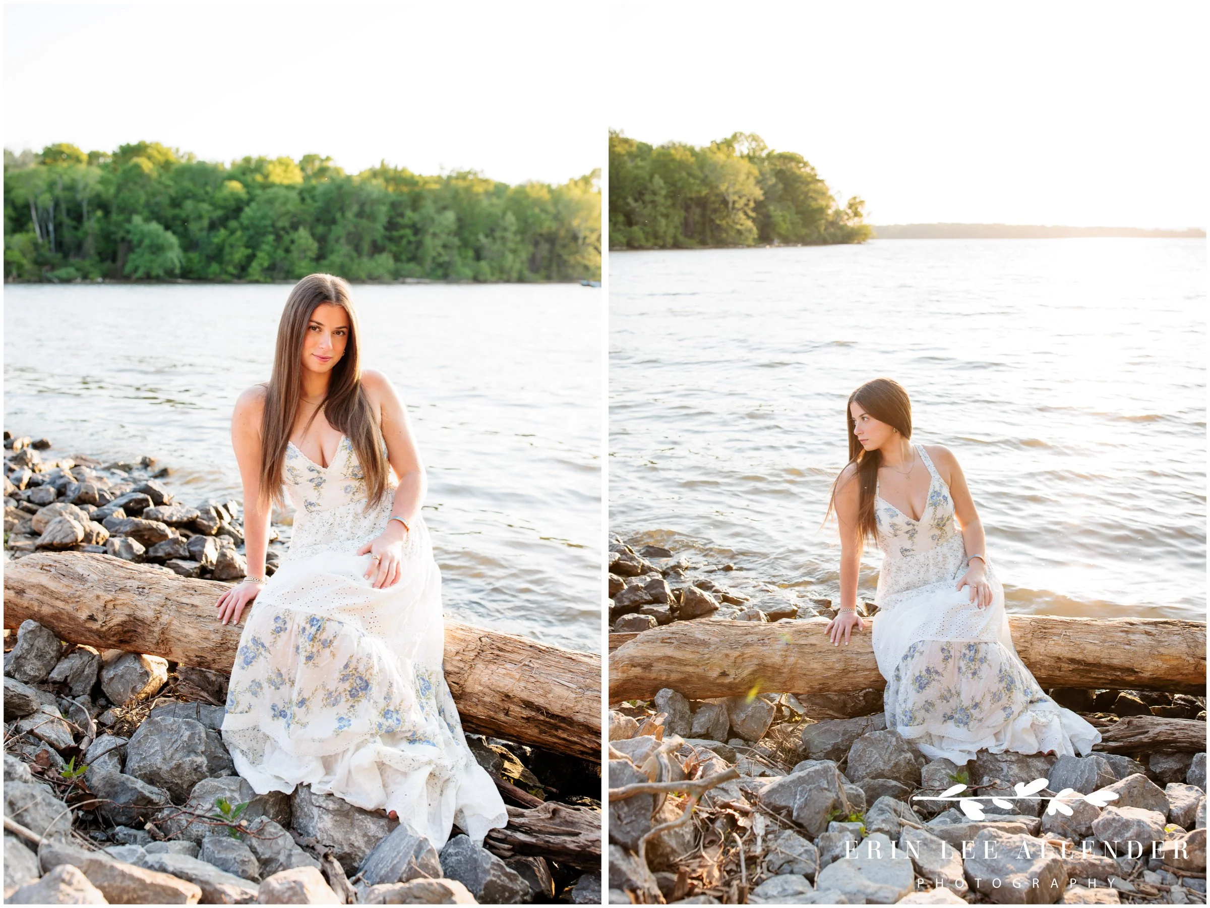Nashville senior portrait photographer — high school senior sitting on a log by the lake at Walton Ferry Arboretum, Hendersonville TN