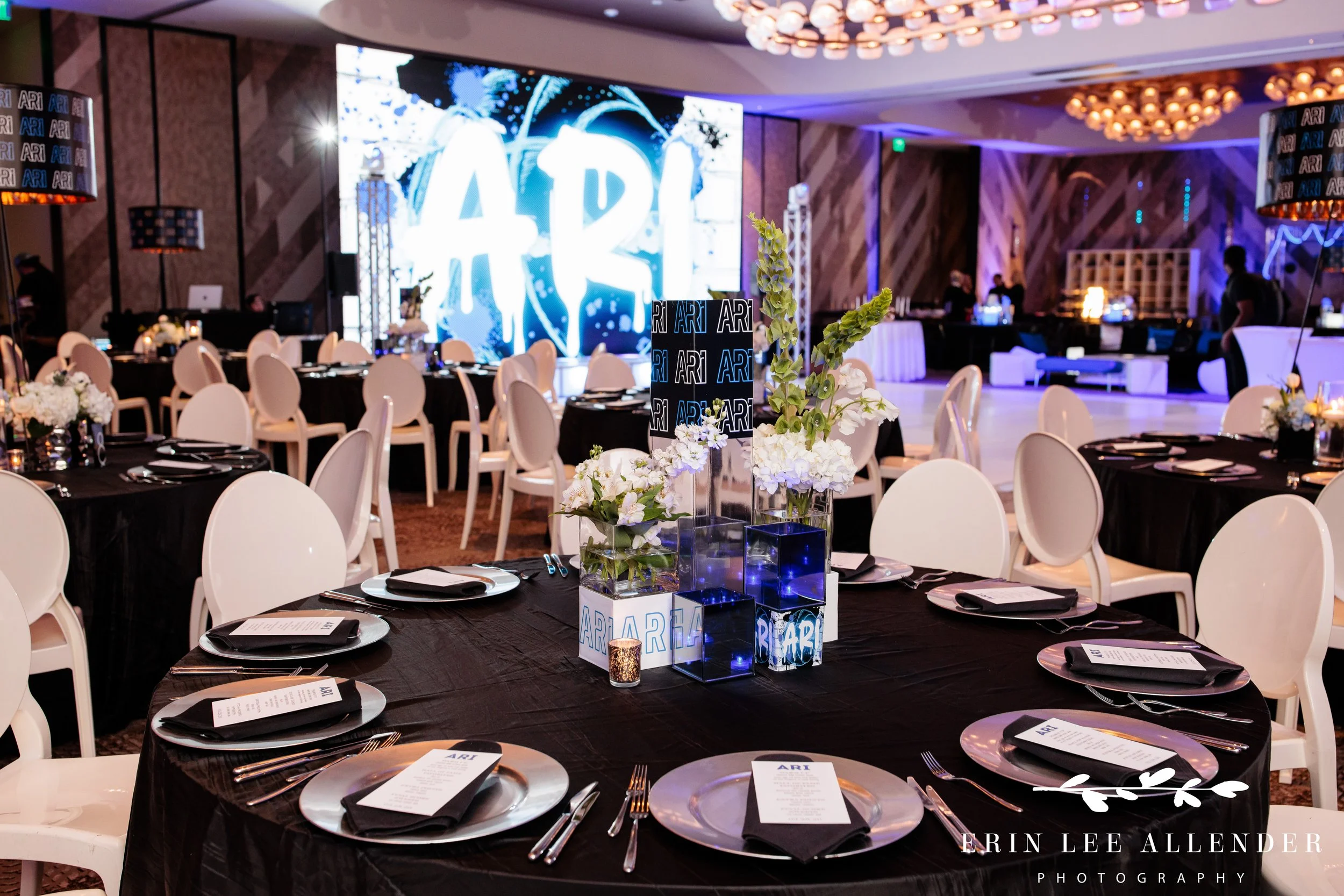 Wide room shot of sports-themed bar mitzvah reception at W Nashville