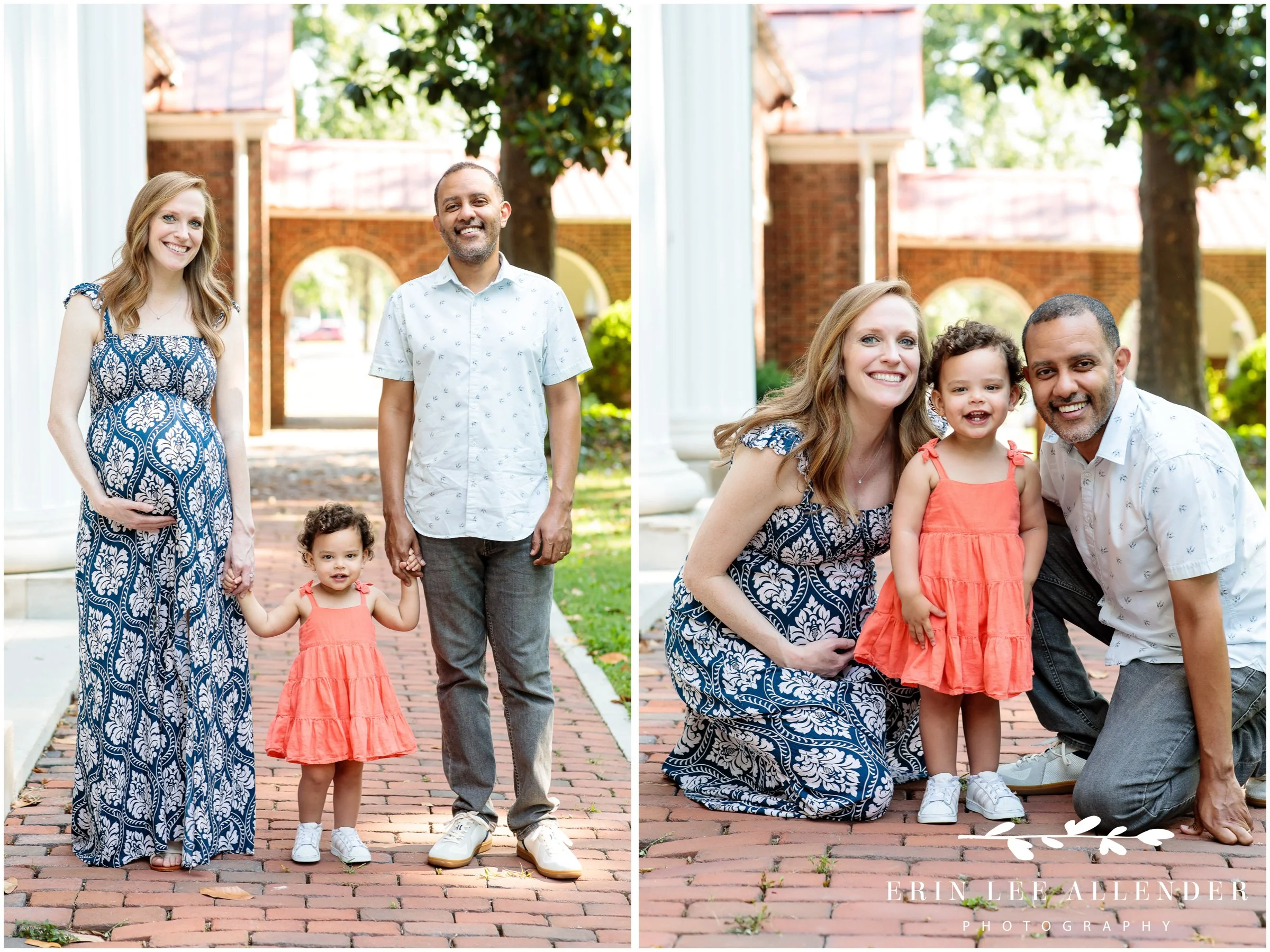 Nashville family photographer — family of three on a brick path at Ellington Agricultural Center