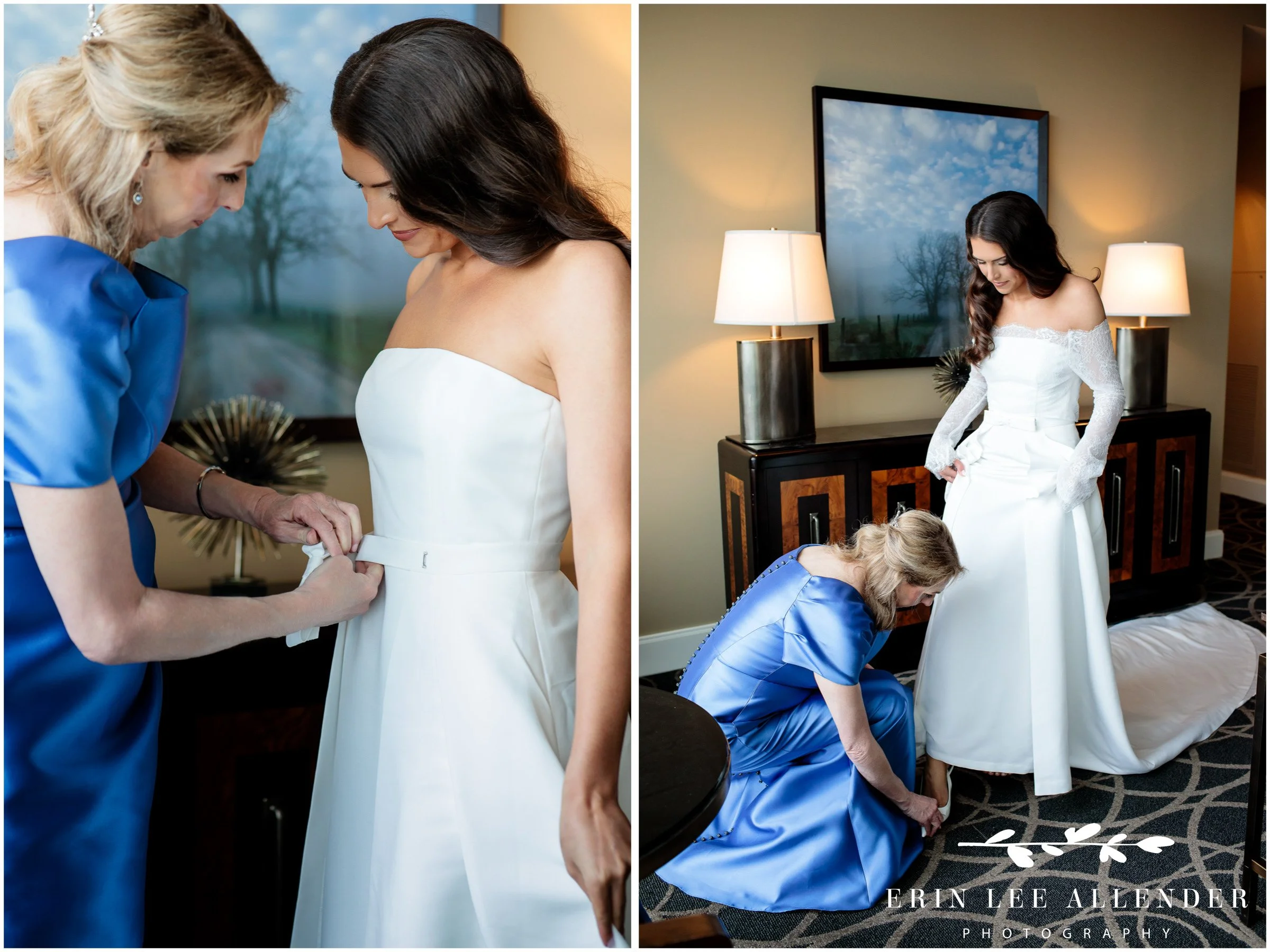 Nashville wedding photography — bride's mom helping her into her gown at the Omni Nashville Hotel
